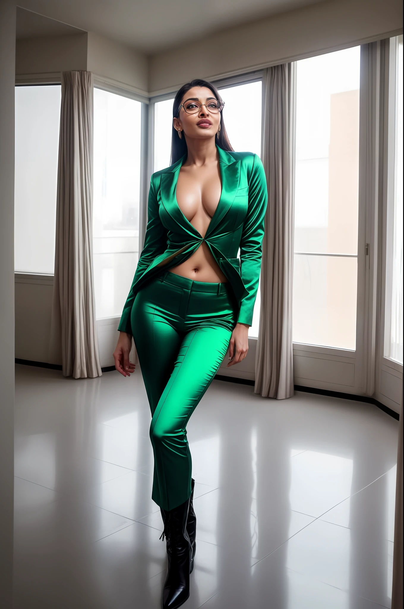 Aishwarya rai, bottle green satin suit with white shirt, high boots, massive cleavage, open shirt, unbuttoned shirt, green frame glasses, high ponytail, posing in balcony, day scene, breasts visible show, 90% breasts popping out, hourglass figure, massive breasts, nipple slip, fit, seductive face, look at camera and laugh, erotic adult face, 40 yo, soft volumetric lights, intricate details, (ArtStation:1.2)