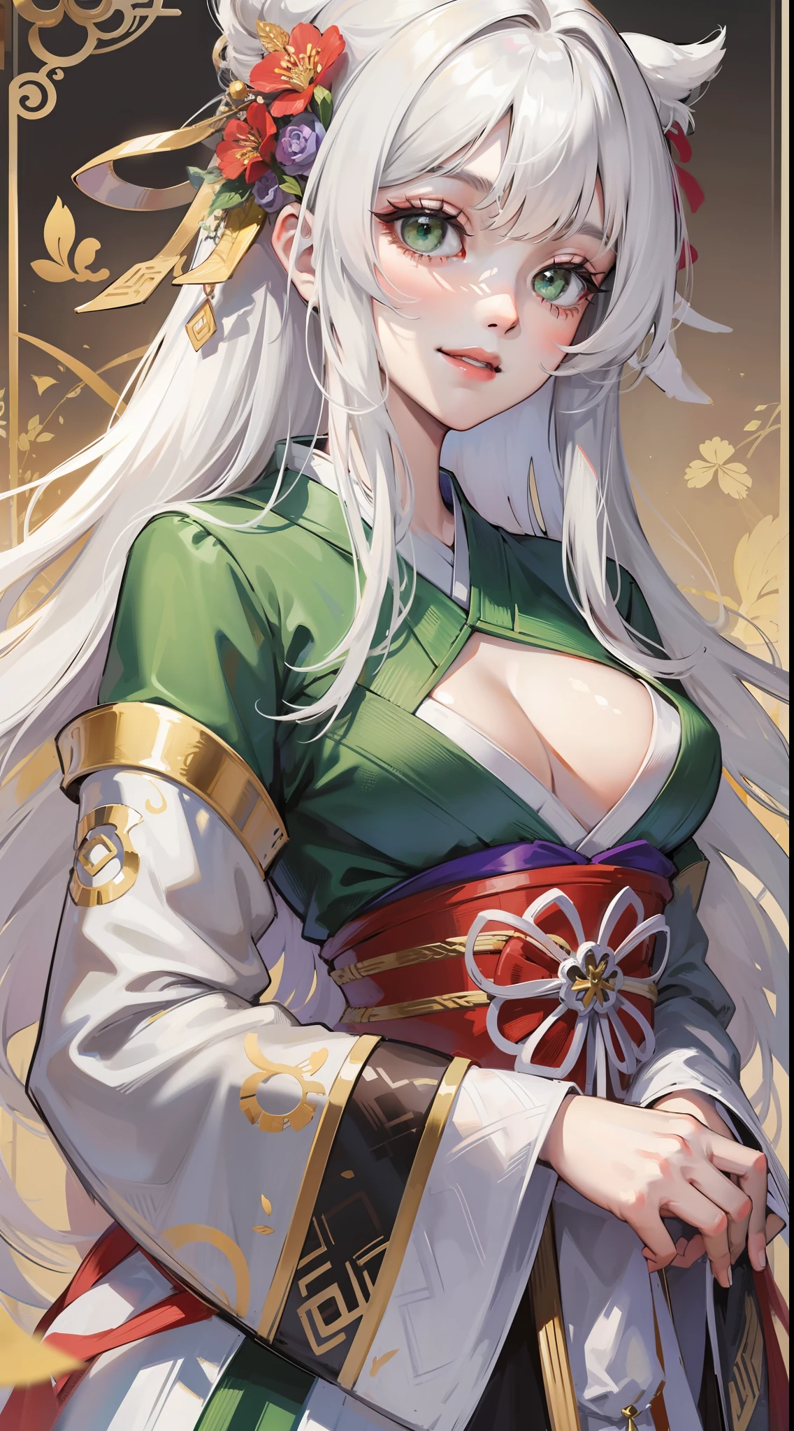 Adult girl, long white hair, green eyes, hanfu, open chest, smile, masterpiece, high quality