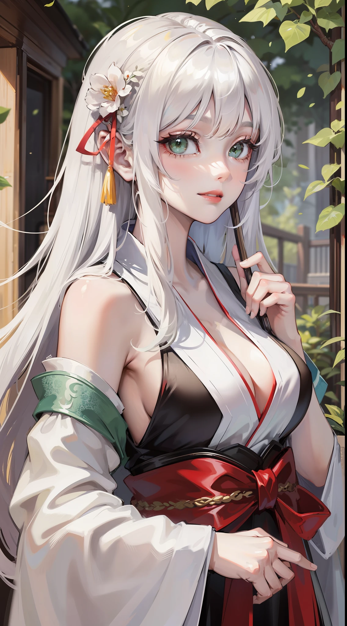 Adult girl, long white hair, green eyes, hanfu, open chest, smile, masterpiece, high quality