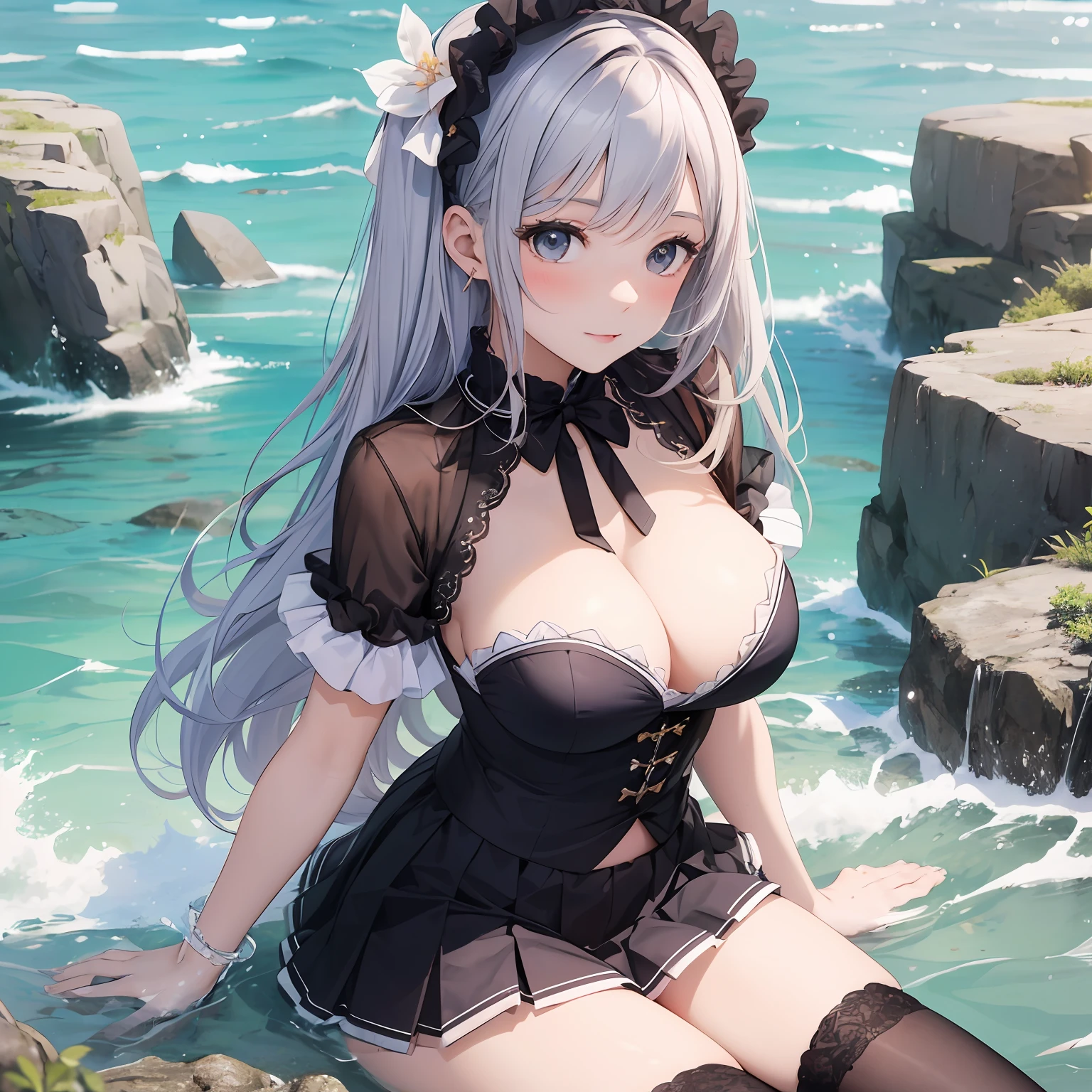 By the sea, four beautiful girls, sitting on the reef, the girl is a beautiful girl in a white pleated skirt, wearing black stockings on her legs, big breasts, big ass, panties, blushing