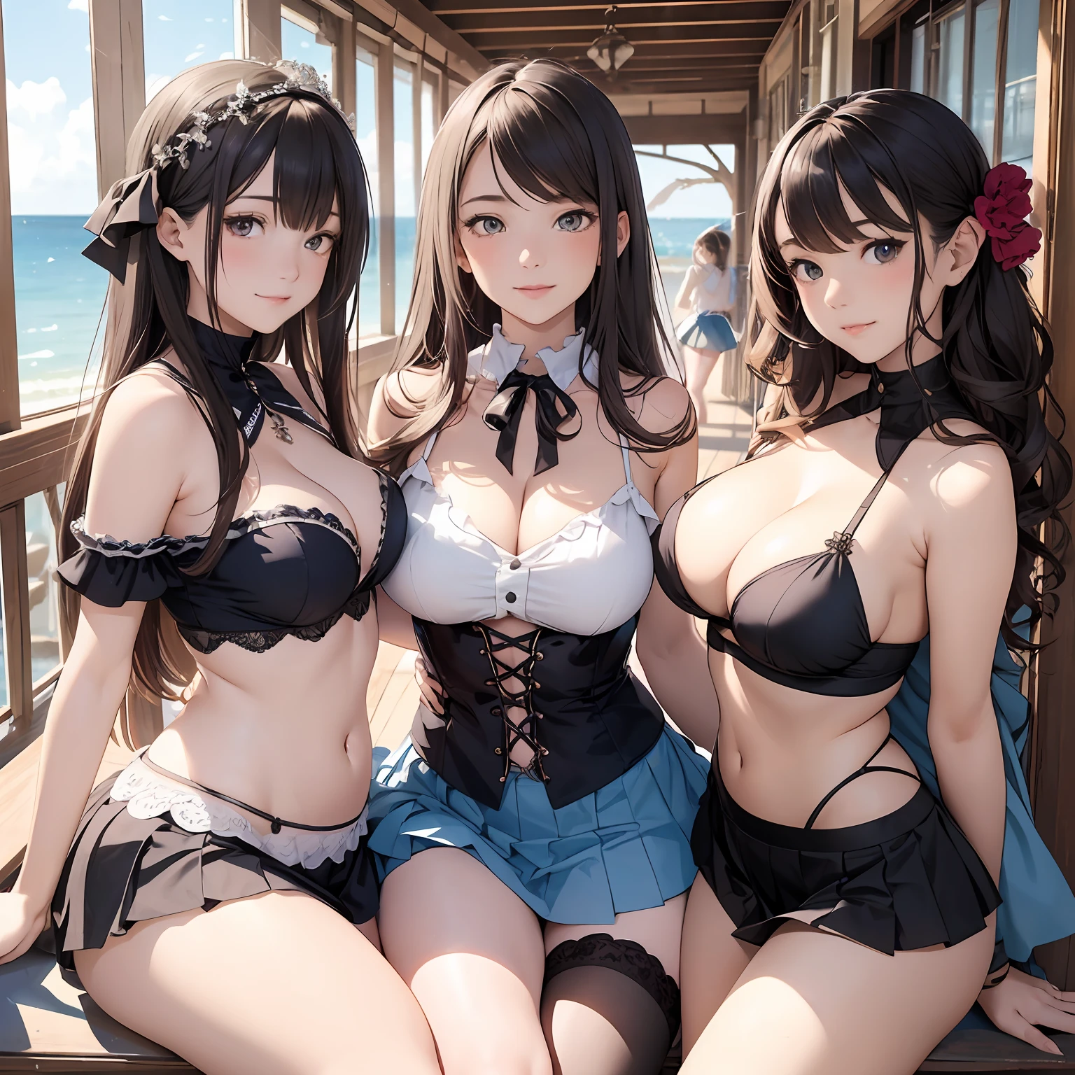 By the sea, four beautiful girls, sitting on the reef, the girl is a beautiful girl in a white pleated skirt, wearing black stockings on her legs, big breasts, big ass, panties, blushing