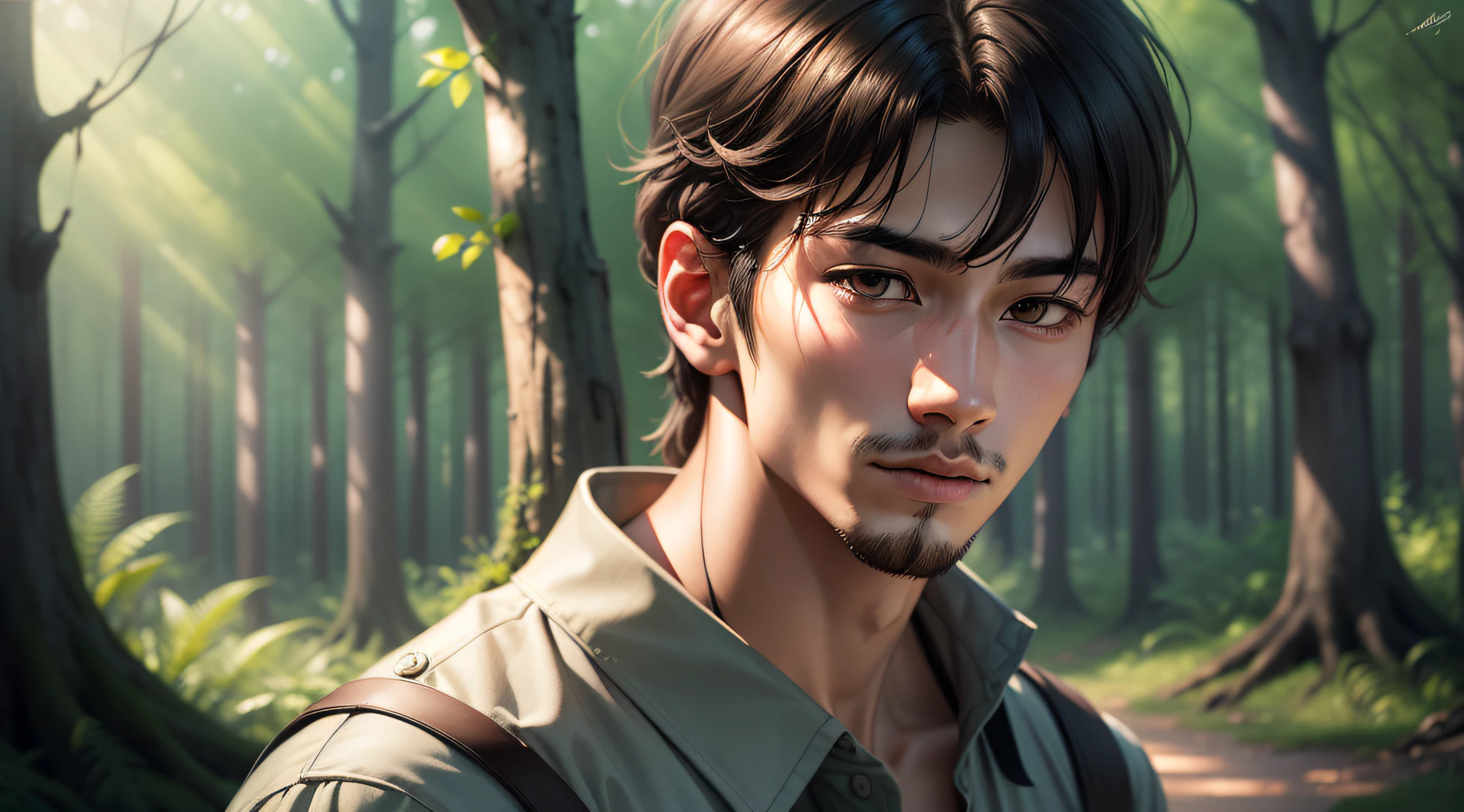 Drawing, ultra realistic, 8k, extremely detailed, in the best quality, a man, young with 18 years, oriental, looking at some people in a forest