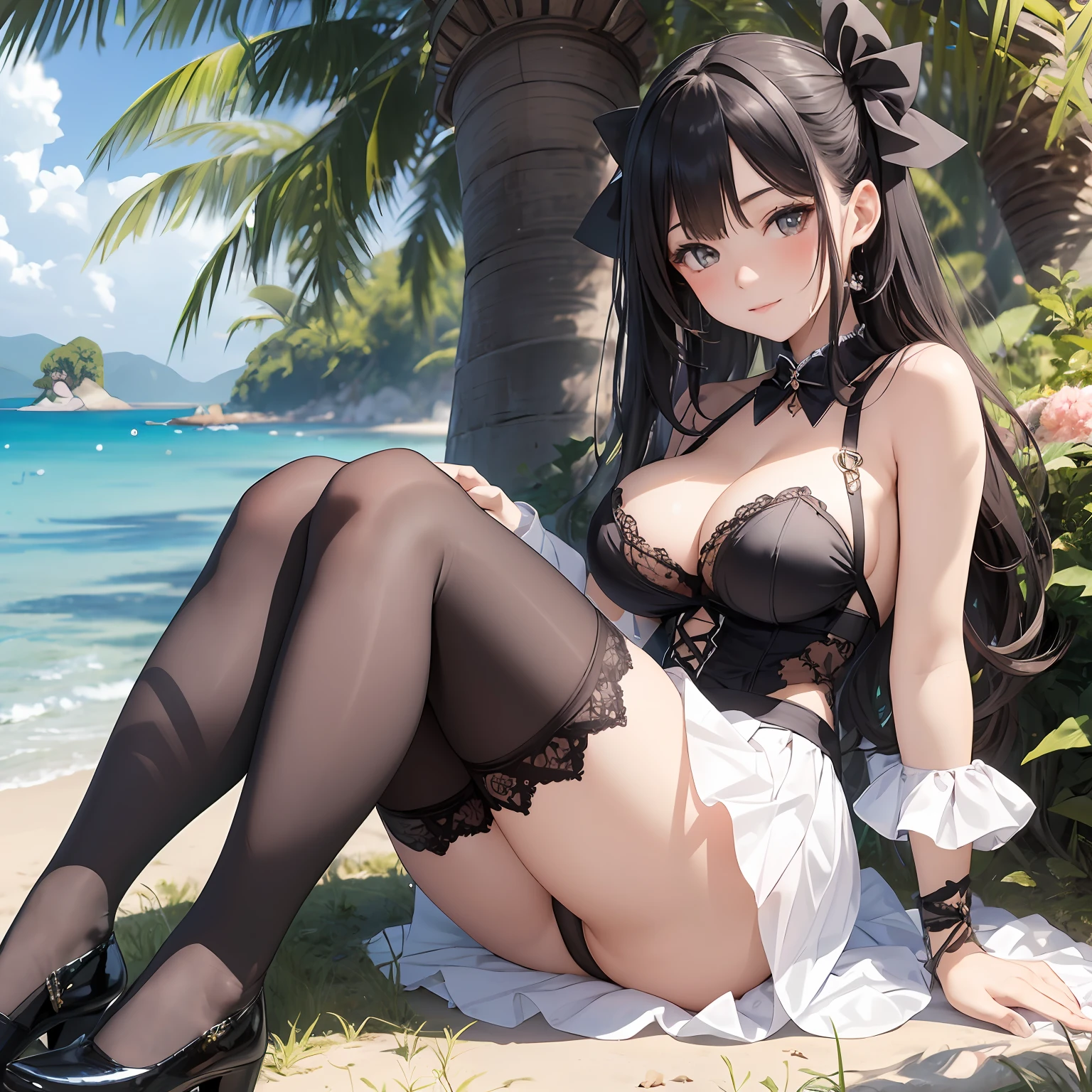 By the sea, four beautiful girls, sitting on the reef, the girl is a beautiful girl in a white pleated skirt, wearing black stockings on her legs, big breasts, big ass, panties, blushing