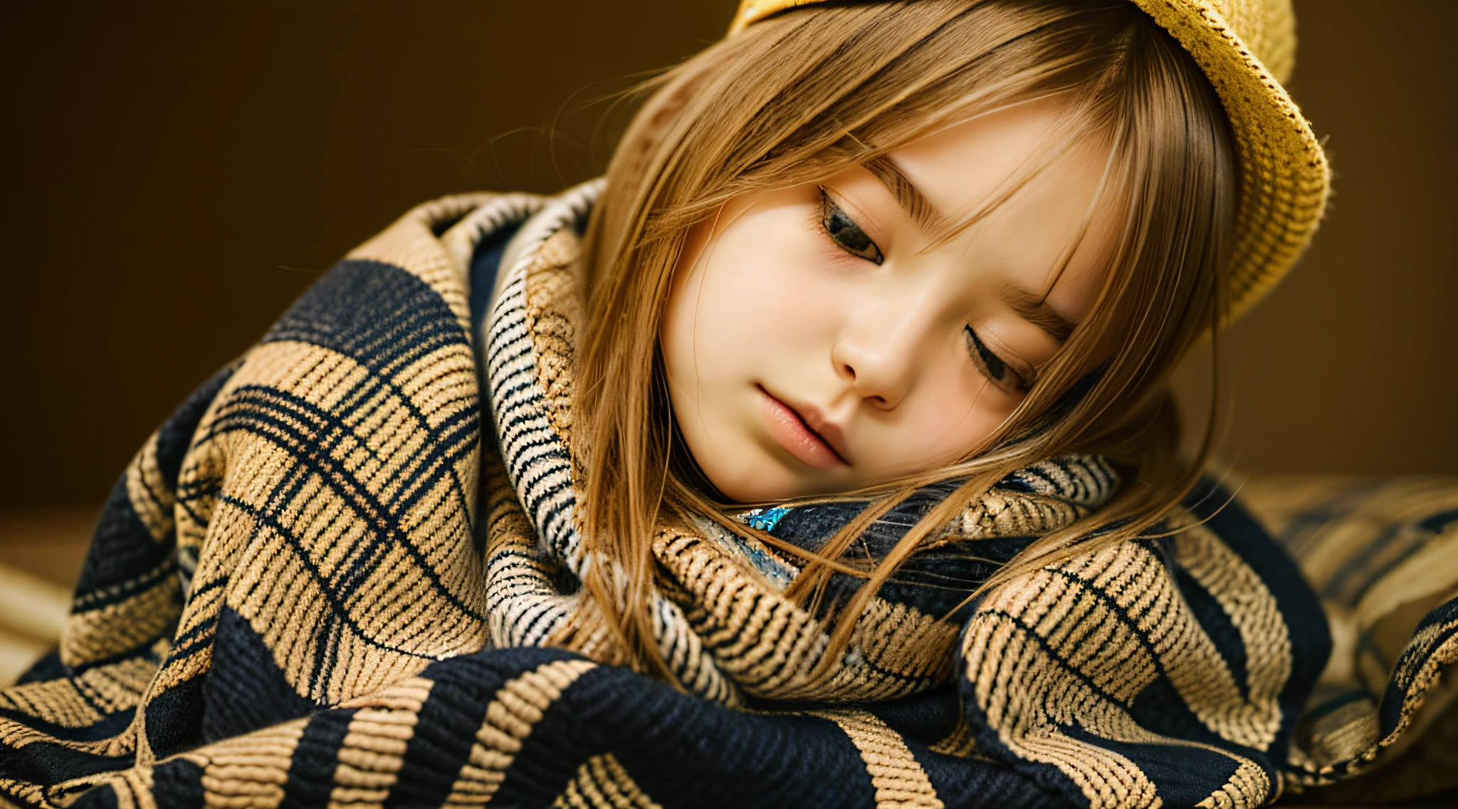 BLONDE CHILD GIRL WITH LONG HAIR WEARING A SCARF AND A HAT, SLEEPY FASHION MODEL FACE, SLEEPY, SLEEPY EXPRESSION, Marisa Kirisame, wearing cute yellow scarf, prettier, sleeping, sick with a cold, Lalisa Manobal, Misa Amane*, very tired woman, sleeping, Takeyuki Kanda, Lalisa Manoban of blackpink