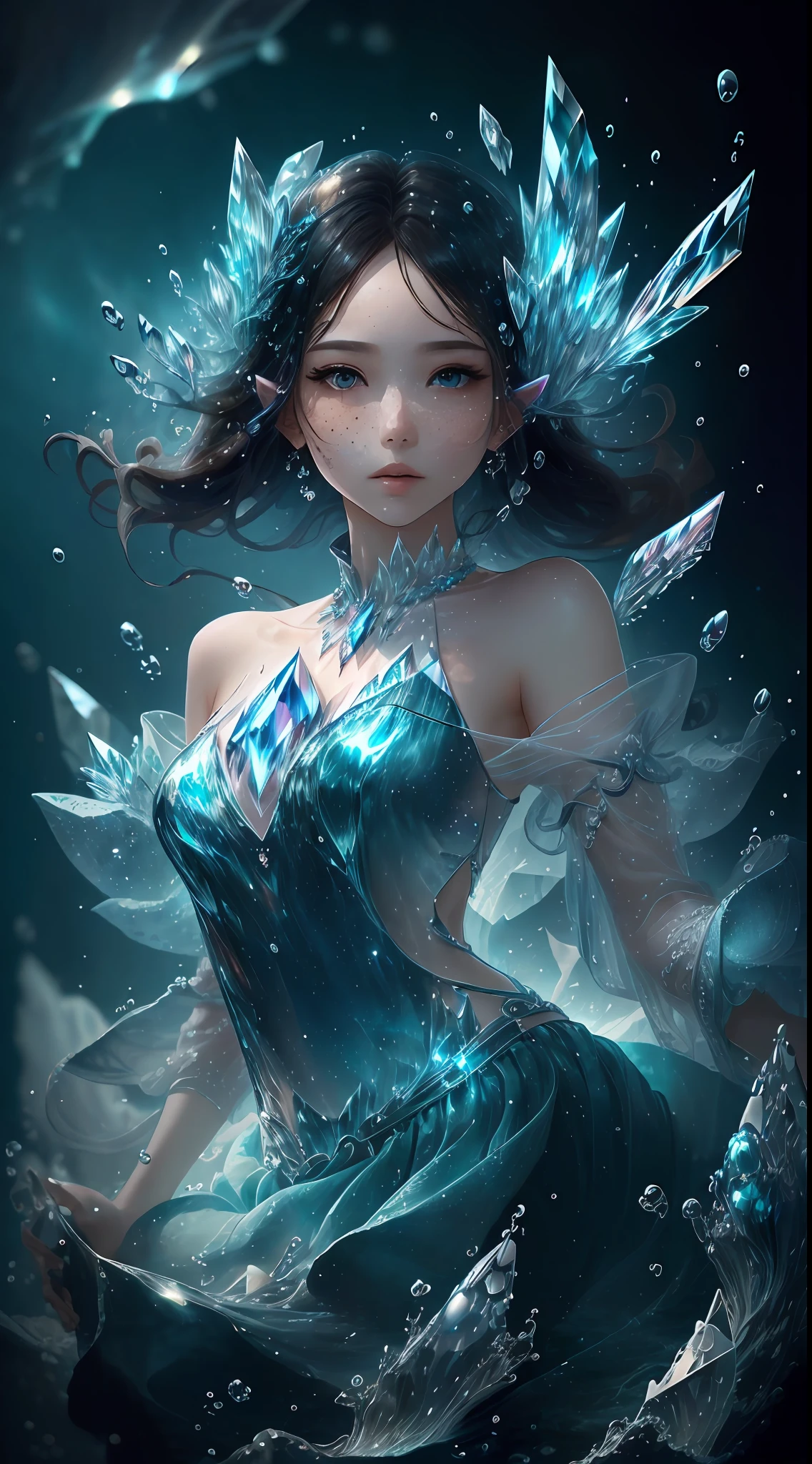 (masterpiece, top quality, best, official art, beautiful and aesthetically pleasing, long exposure: 1.2), smooth movement, charming pattern, 1 girl, (long skirt with sleeves: 1.3), blue dress, upper body close-up , bare shoulders, Chinese girl, freckles, black lob hair, portrait, solo, upper body, watching observer, detailed background, detailed face, (crystallineAI, crystalline theme:1.1), elemental water sprite, spinning water, controlling water, diamond clothes, dynamic poses, floating particles, ethereal dynamics, water, vapor, ocean in the background, blue tones, coast, ethereal atmosphere,