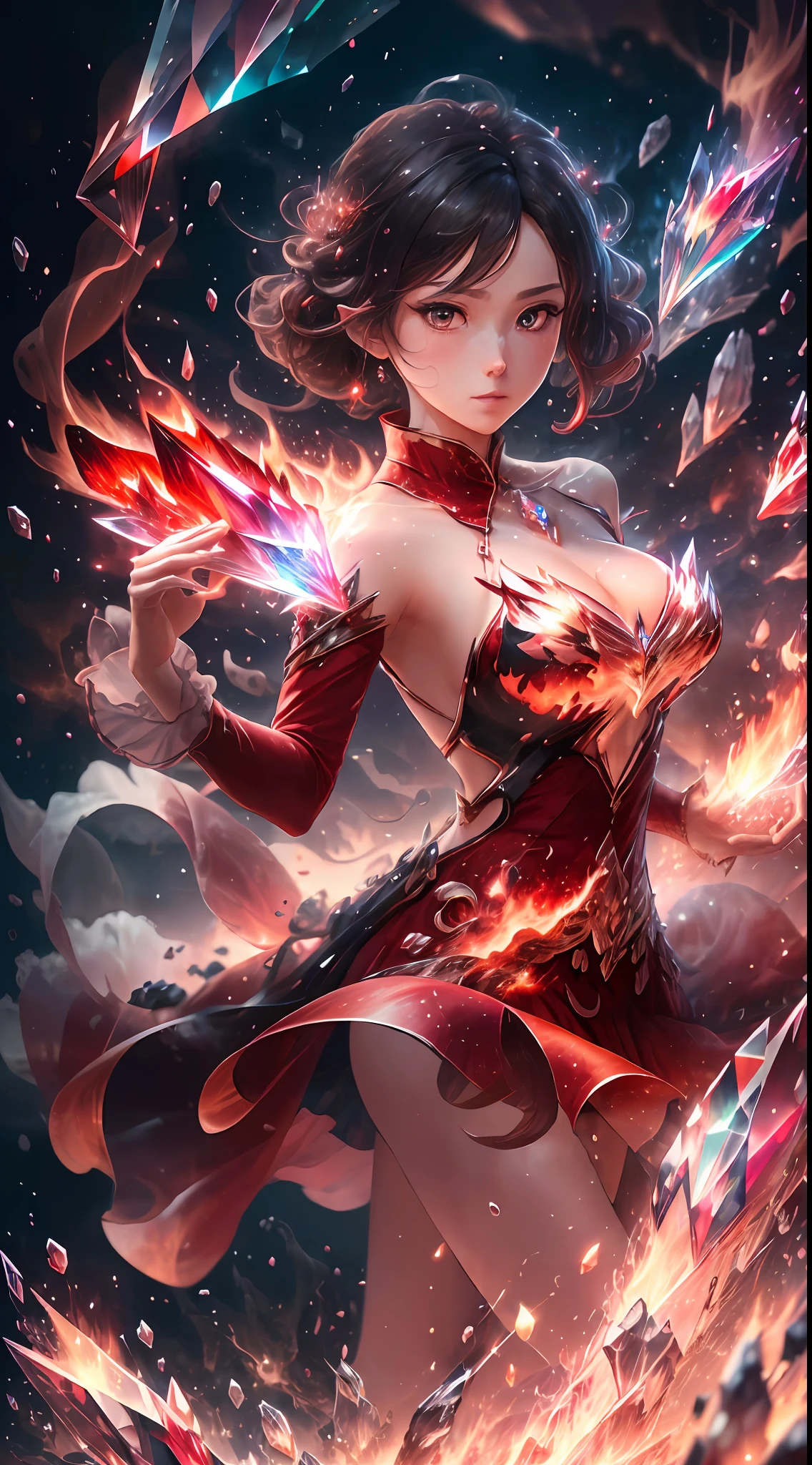 (masterpiece, top quality, best, official art, beautiful and aesthetically pleasing, long exposure: 1.2), smooth movements, attractive patterns, one girl, (long dress with sleeves: 1.3), (((red dress))), bare shoulders, Chinese girl, blush, black leaf hair, portrait, solo, upper body, looking observer, detailed background, detailed face, (crystal AI, crystal theme: 1.1), Elemental Fire Elves, Rotating Fire, Control Fire, Ruby Clothing, Dynamic Pose, Airborne Particles, Ether Dynamics, Fire, Steam, Magma in the background, Red Tint, Volcano, Ethereal Atmosphere, Mini Skirt. Flame. Manipulate flames. Standing.