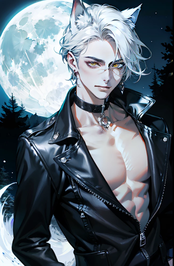 (absurdres, highres, ultra detailed), 1man, adult, handsome, tall,, finely detailed eyes and detailed face, black leather pants, no shirt, open chest, night, smile, dutch angle, ((long white hair)), (((wolf ears))), wolf white tail, moon, forest, black horns in his head, silver details, earrings, black chocker, gothic, dark, black simple dress, looking at the view, pale skin, yellow detailed eyes, eyeliner, dog collar, (((open chest))), leather jacket