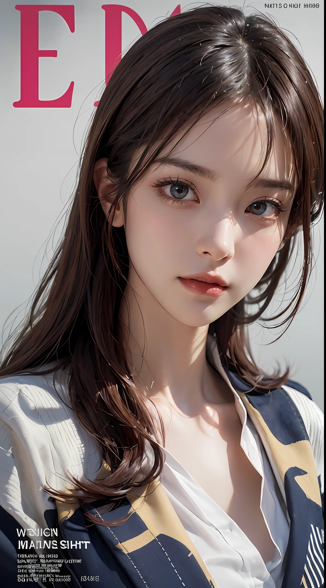Masterpiece, 1 Beautiful Girl, Detailed Eyes, Swollen Eyes, Top Quality, Ultra High Resolution, (Reality: 1.4), Cinematic Lighting, Japanese, Asian Beauty, Korean, Very Beautiful, Beautiful Skin, Slender, Body Facing Forward, (Ultra Realistic), (High Resolution), (8K), (Very Detailed), ( Best Illustration), (beautifully detailed eyes), (super detailed), (wallpaper), detailed face, bright lighting, professional lighting, looking at viewer, facing straight ahead, outfit is trendy stylish shirt, 46 point slanted bangs, background is magazine cover and title is dynamic text design,