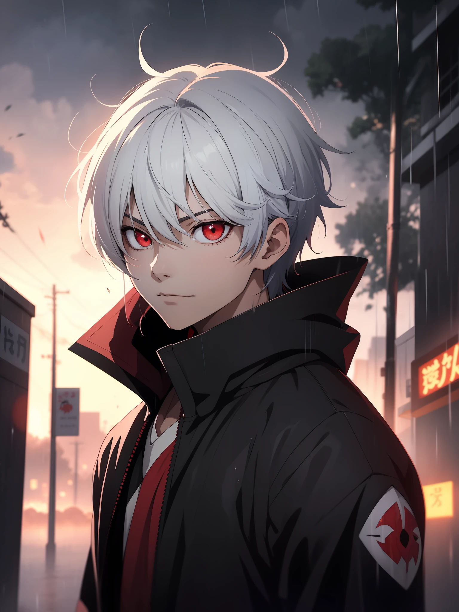Anime boy with black hair and red eyes standing in the rain, with bright red eyes, with bright red eyes, Ken Kaneki, Kaneki Ken, Badass Anime 8 K, Anime style 4 K, Anime Art Wallpaper 8 K, Best anime 4K Konachan wallpaper, His eyes are red and bright, white hair, 4K anime wallpaper, with bright eyes