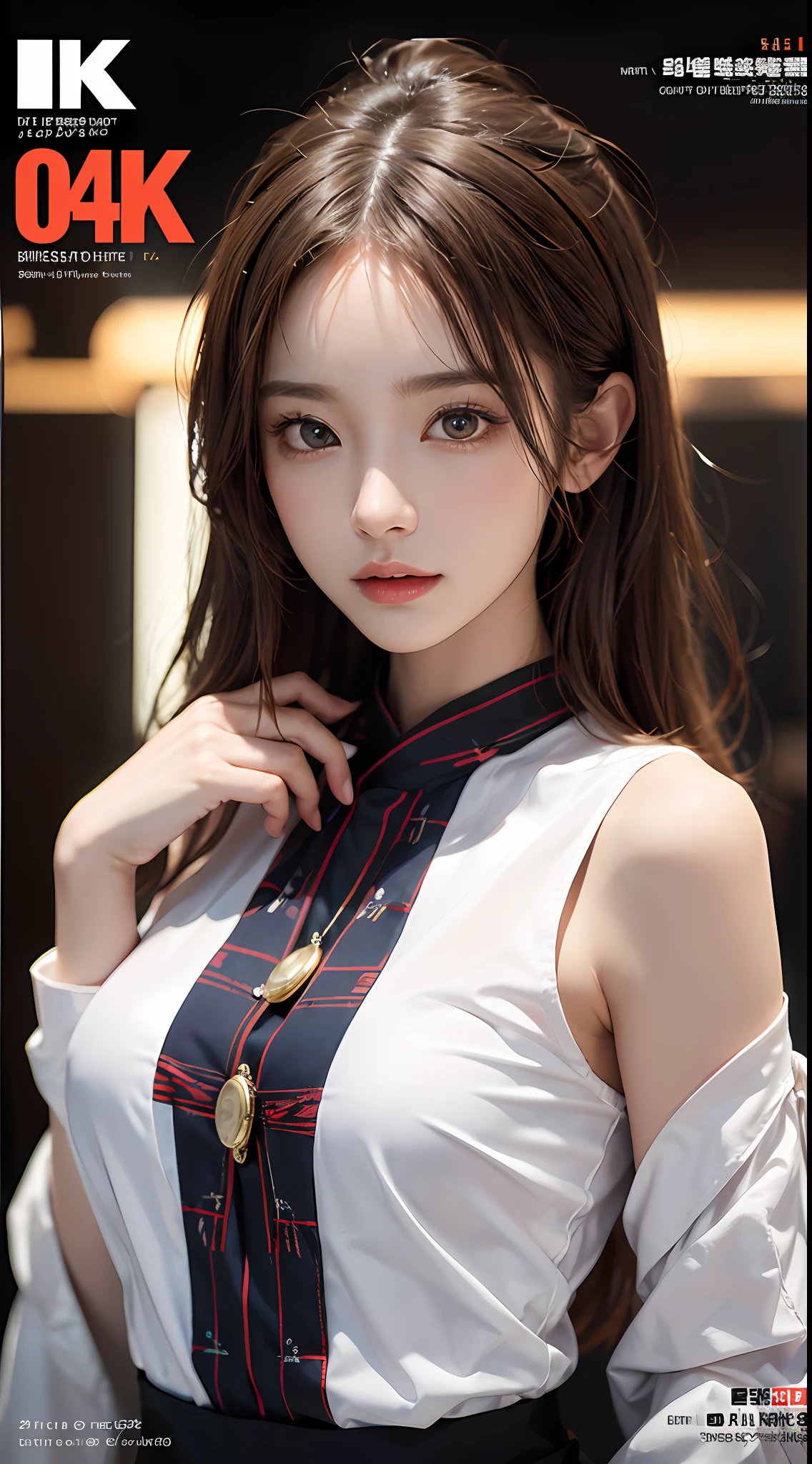 Masterpiece, 1 Beautiful Girl, Detailed Eyes, Swollen Eyes, Top Quality, Ultra High Resolution, (Reality: 1.4), Cinematic Lighting, Japanese, Asian Beauty, Korean, Very Beautiful, Beautiful Skin, Slender, Body Facing Forward, (Ultra Realistic), (High Resolution), (8K), (Very Detailed), ( Best Illustration), (beautifully detailed eyes), (super detailed), (wallpaper), detailed face, bright lighting, professional lighting, looking at viewer, facing straight ahead, outfit is trendy stylish shirt, 46 point slanted bangs, background is magazine cover and title is dynamic text design,