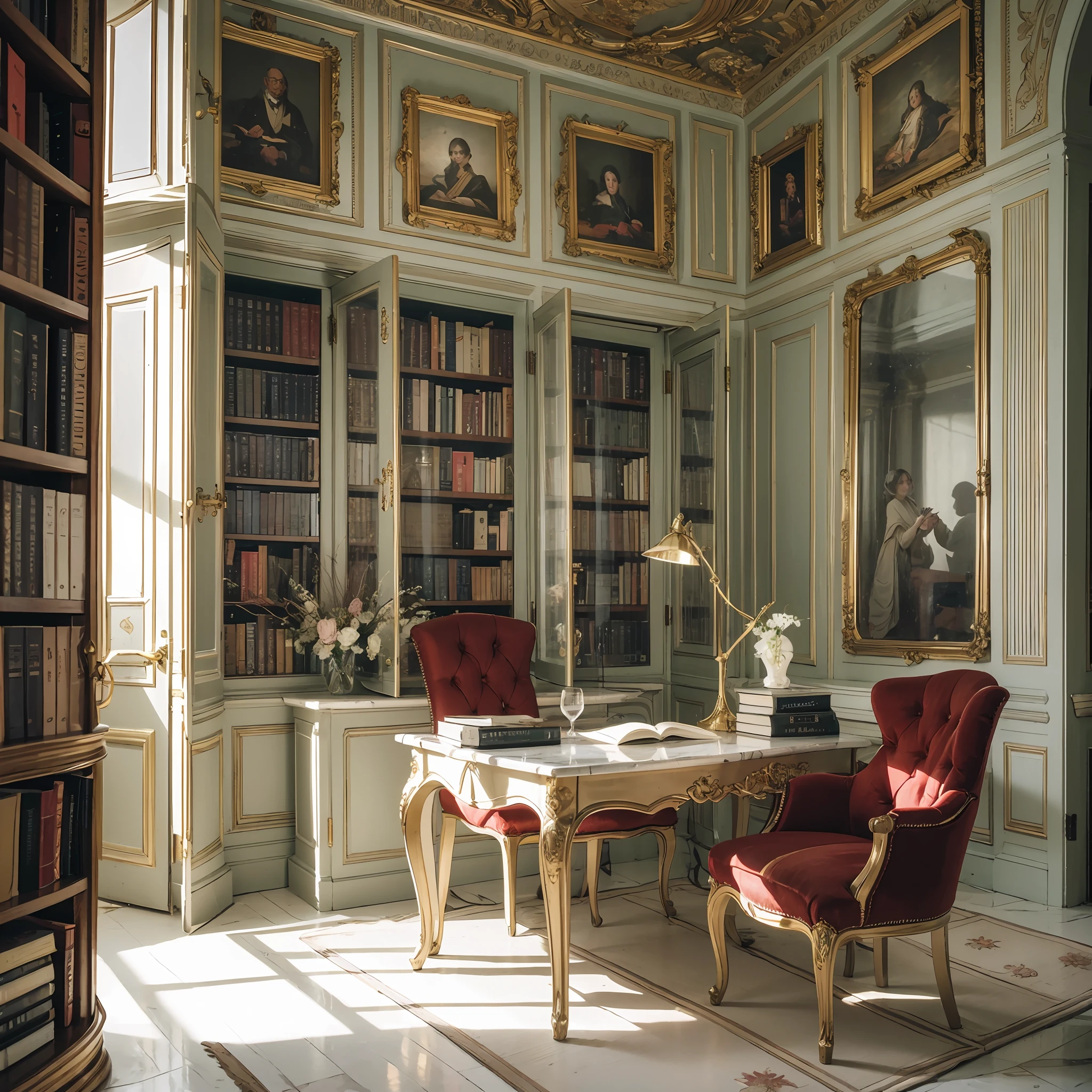 , Masterpiece, Best Quality, 8K, Ultra Highres, when you enter this neoclassical style study, you feel like you have traveled back in time. The high bookshelves are filled with classic literary works and a collection of ancient books, which give off a faint smell of paper. Elegant marble countertops are complemented by gold-trimmed desks to create an elegant and luxurious atmosphere. Warm yellow lights quietly illuminate the entire space, bringing a sense of peace of mind and comfort. A comfortable chair is set up by the window, so you can enjoy the scenery while reading. In this relaxing space, you can immerse yourself in the sea of books and absorb the nourishment of wisdom.