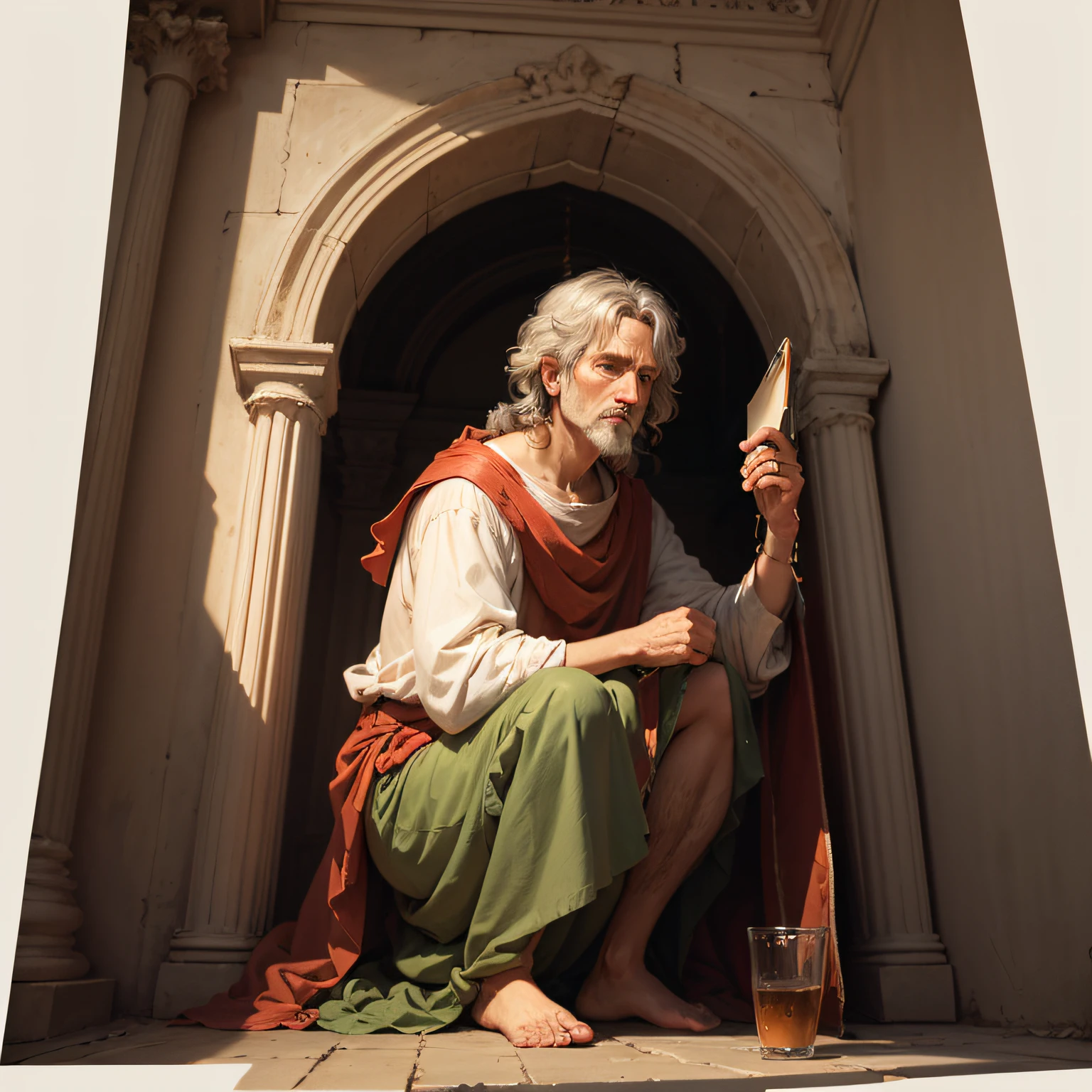 create for me a picture of John the apostle looking at the picture with gray hair and old man's appearance and dirty clothes --auto