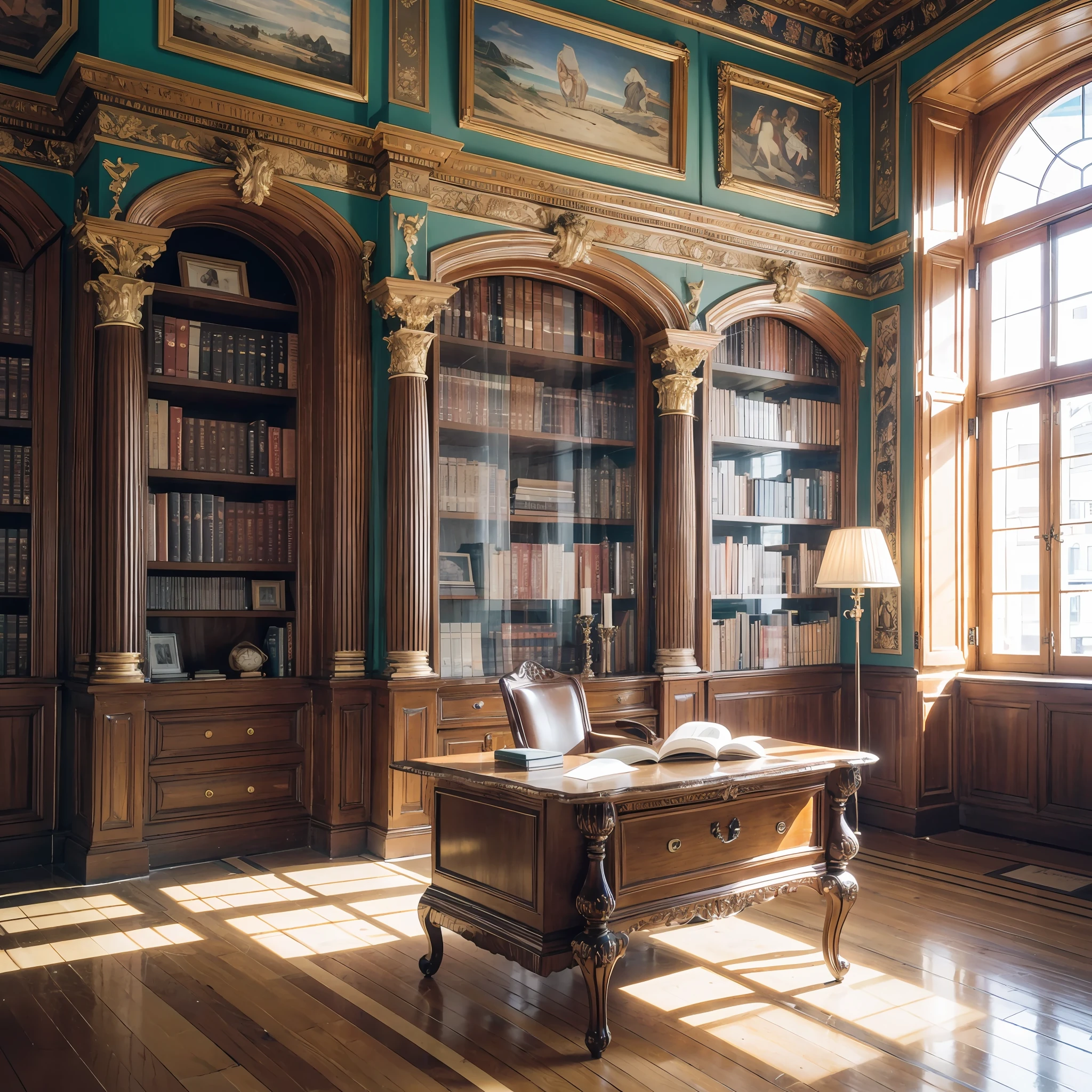, Masterpiece, Best Quality, 8K, Ultra Highres, when you enter this neoclassical style study, you feel like you have traveled back in time. The high bookshelves are filled with classic literary works and a collection of ancient books, which give off a faint smell of paper. Elegant marble countertops are complemented by gold-trimmed desks to create an elegant and luxurious atmosphere. Warm yellow lights quietly illuminate the entire space, bringing a sense of peace of mind and comfort. A comfortable chair is set up by the window, so you can enjoy the scenery while reading. In this relaxing space, you can immerse yourself in the sea of books and absorb the nourishment of wisdom.