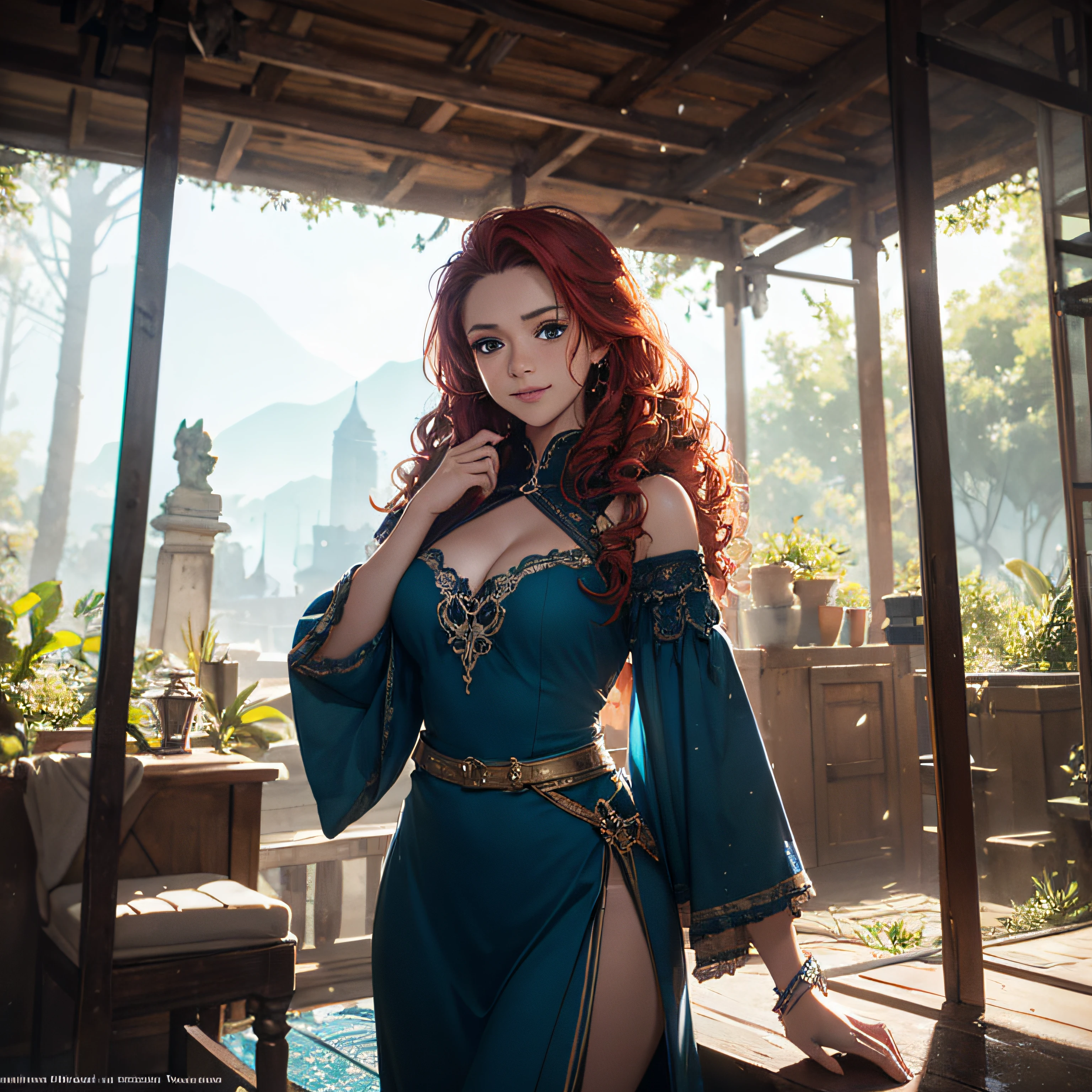 I gril, Brave Character, Merida, realistic, human, very realistic, white skin, blue eyes, large breasts, freckles on the face, smile, closed boca_, looking at the viewer, long curly full red hair, blue long dress, crude sleeves, large descotes, confident posture, standing, about 1.70 in height, illuminated environment, natural light, volumetric lighting, best quality, intricate details, tone mapping, sharp focus, hyper detailed, trend in Artstation, Natural environment, Forest --auto