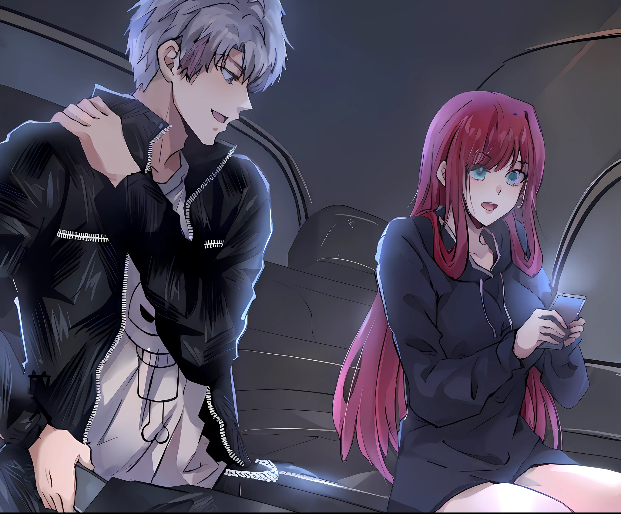 anime images of men and women sitting in the back of a car; Visual Novel, Visual Novel CG, Visual Novel, Visual Novel Key Visual, Studio with Anime Painter, Sankaku Complex Anime Image, Anime Lush John 8k Woods, Shoujo Romance, Official Doujin Art, Zero Zen Art, Anime Styles such as Destiny/Stay Night, drawn in Anime Painter Studio