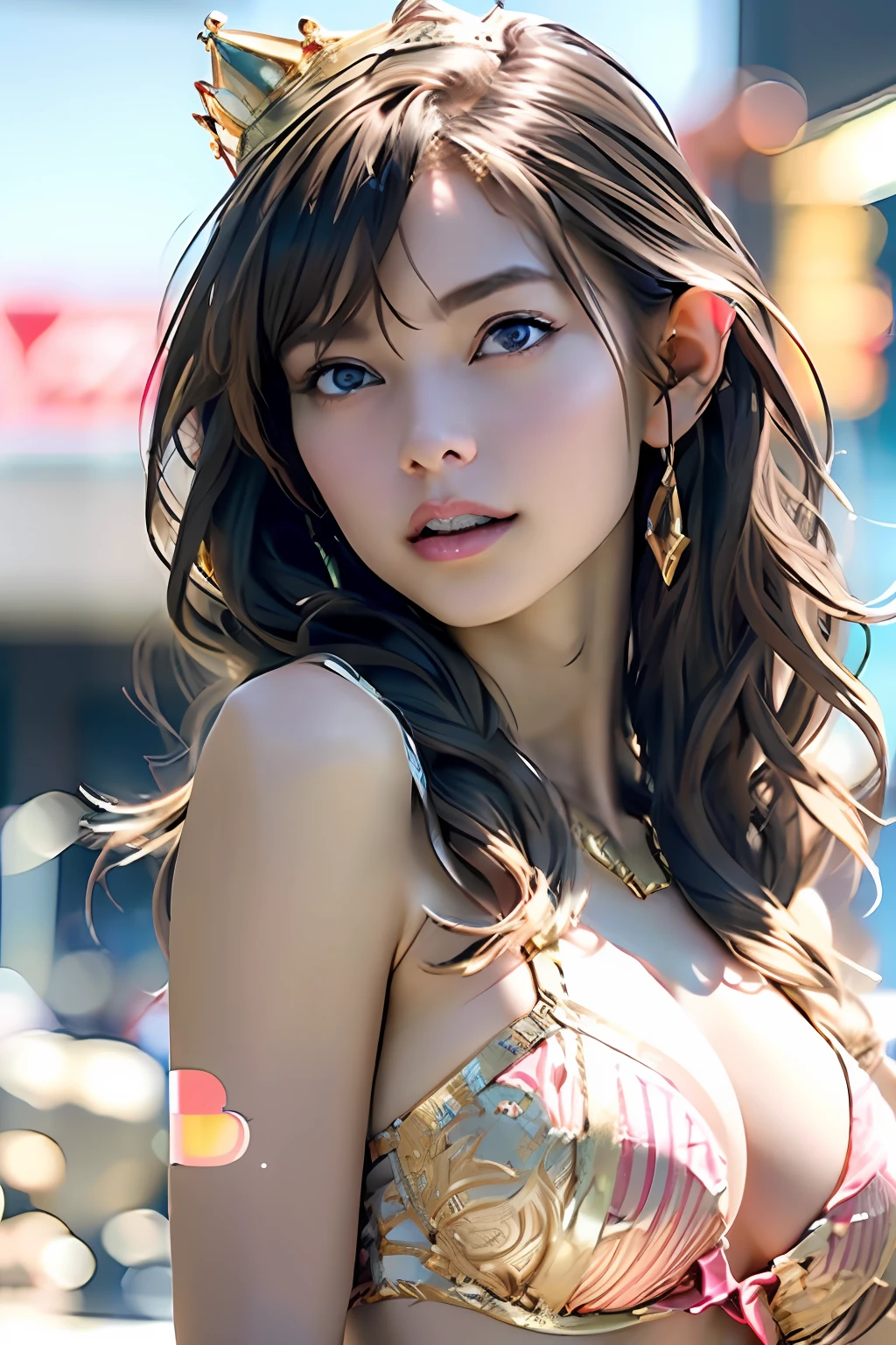 Ultra-detailed complex 3D rendering of the face, (masterpiece, top quality, octane rendering), glamour shots, full body image, very beautiful young elves, cleavage, (highly detailed skin: 1.2), (exposure: 1.1), ((Silver micro bikini studded with large jewels: 1.95))))). 40k, (((very soft breasts)), (((conspicuous large pink areola)), beautiful Caucasian woman with full soft breasts and white skin with big buttocks, one, long braided hair, big breasts, dynamic angle,((Huge breasts: 2.4))), ultra-realistic photos, ((((blonde hair))), futuristic urban background, facial muscles, ((((Detailed and glamorous gold crown)))), In the style of Marvel Comics, ArtStation Trends, Clear Focus, Intricate Detail, Highly Detailed, Detailed Red Eyes, Very Detailed, Sharp Focus, Digital Rendering, Professional, Abs, Lip Gloss, Glossy Skin,
