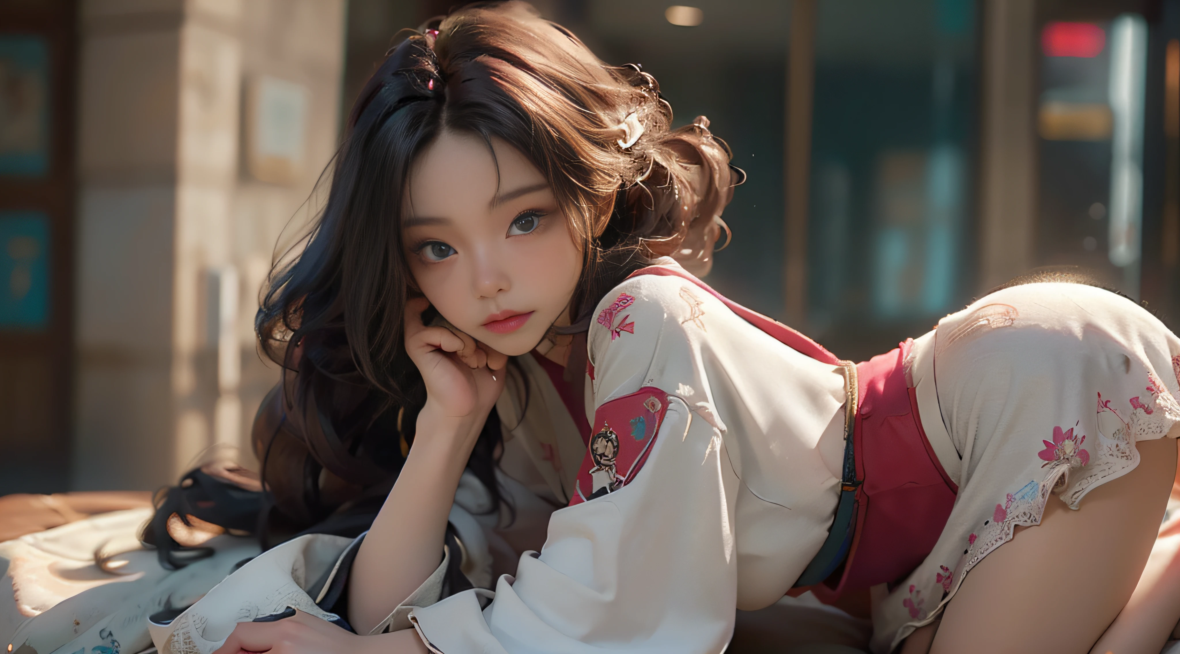 ((best best quality)), ((MasterPiece)), (Detail:1.4), 3D, A beautiful cyberpunk female image,HDR(high dynamic range),RayTrace,nvidia rtx,The ultra-Resolution,Unreal 5,Subsurface scattering、pbr texturing、postprocessing、Anisotropic Filtering、depth offield、Maximum Clarity and Clarity、Many-Layer Textures、Albedo and Specular map、Surface coloring、Mitsu-Accurate simulation of material interactions、Perfect Scale、octanerendering、Two-colored light、large aperture、low ISO、white balance、Rule of Thirds、8K RAW、beautiful bright pupils,flowing robe,Fine pupils,Detailed face and eyes,Long Lashes,Blushlush,voluminous hair,Tender red lips