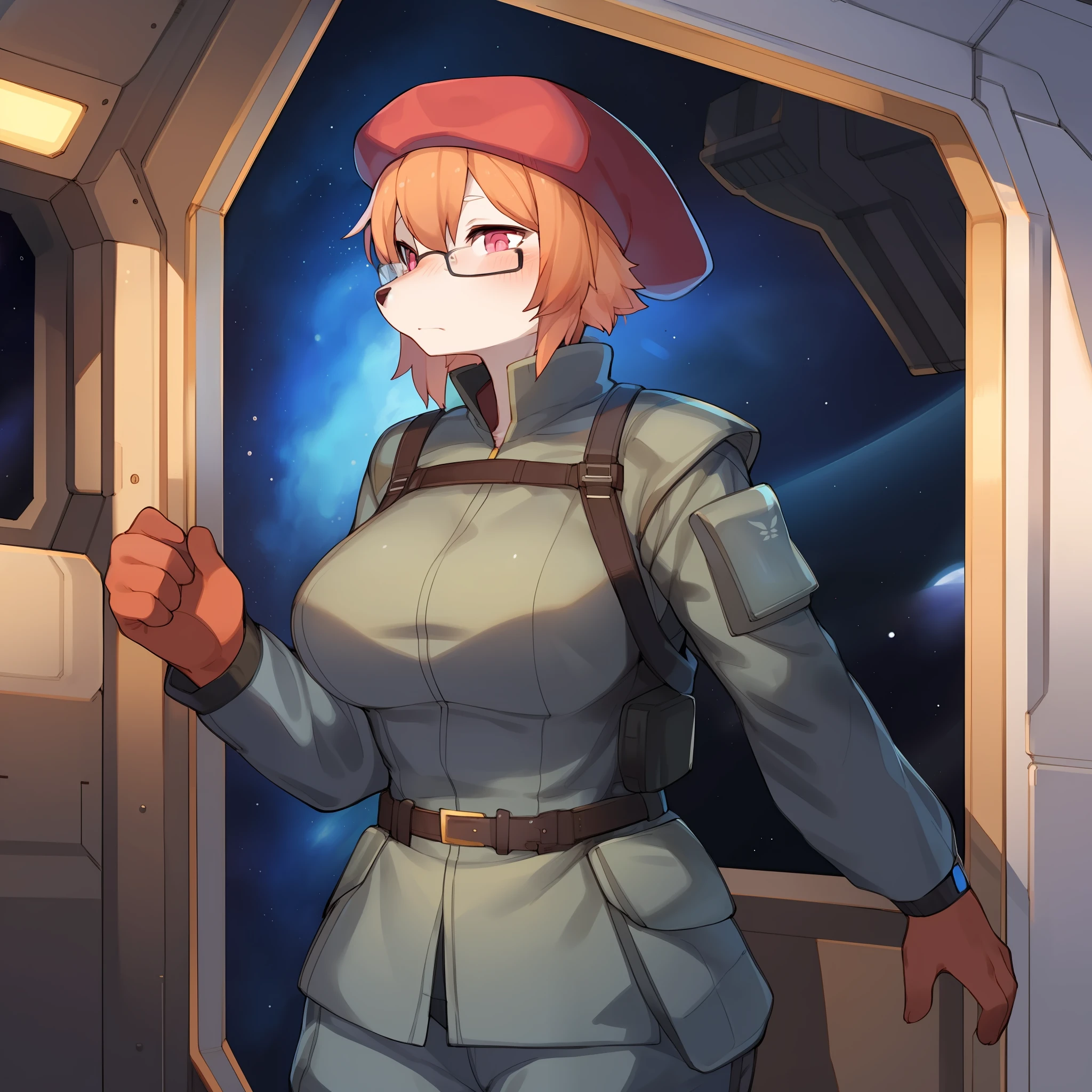 Solo, female, white fur, peach stripes, striped fur pattern, light orange hair, medium hair, pink eyes, detailed eyes, detailed hands, snout, mature, medium breasts, thick-rimmed glasses, standing, by buta99, by bebebebebe, (((grey military uniform))), sci-fi body armor, (((red beret))), frowning, spaceship, space, window, by kishibe, by cervina7