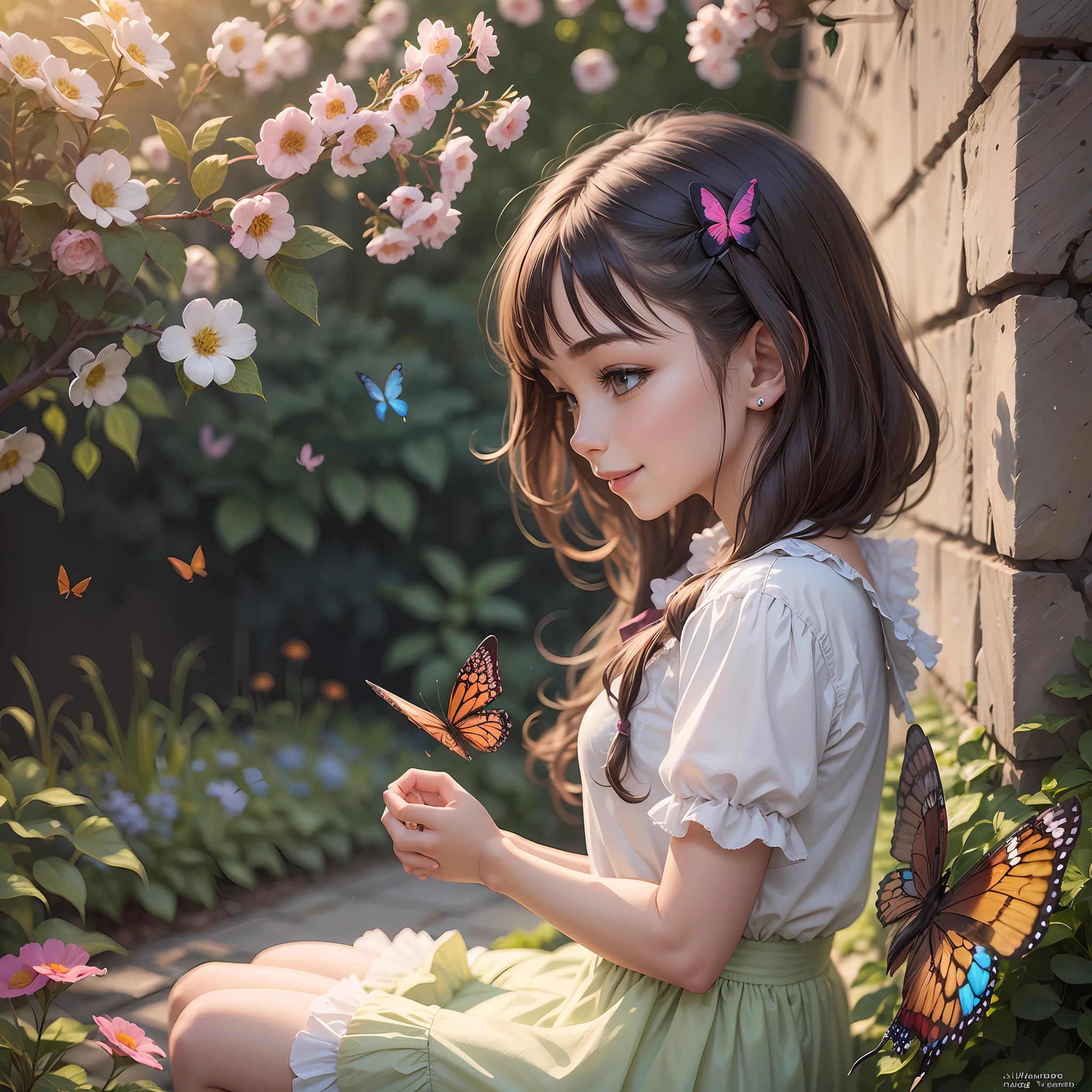 Girl sitting in the garden smiling reading a book