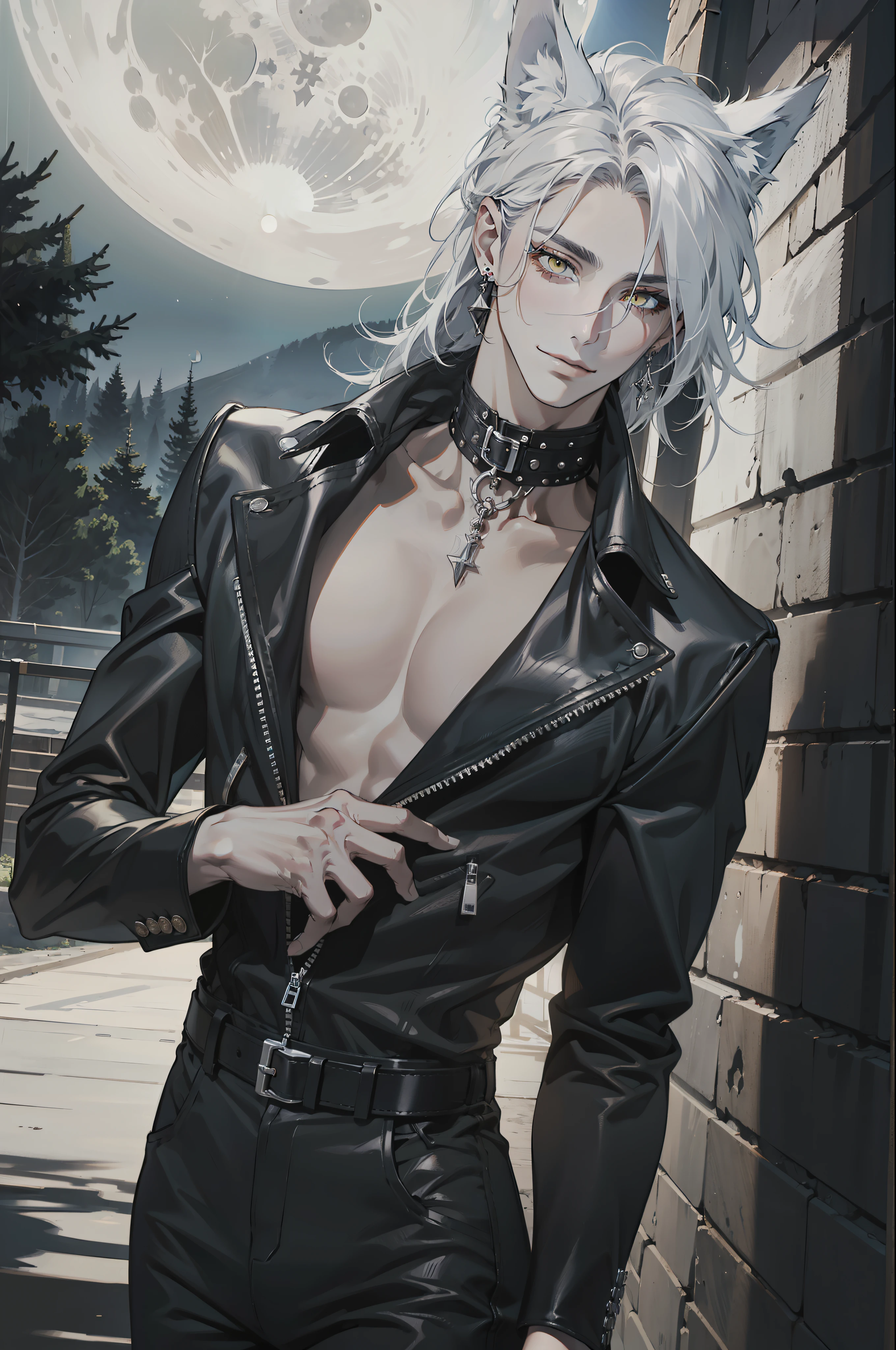 (absurdres, highres, ultra detailed), 1man, adult, handsome, tall,, finely detailed eyes and detailed face, black leather pants, no shirt, open chest, night, smile, dutch angle, ((long white hair)), (((wolf ears))), wolf white tail, moon, forest, black horns in his head, silver details, earrings, black chocker, gothic, dark, black simple dress, looking at the view, pale skin, yellow detailed eyes, eyeliner, dog collar, (((open chest))), leather jacket