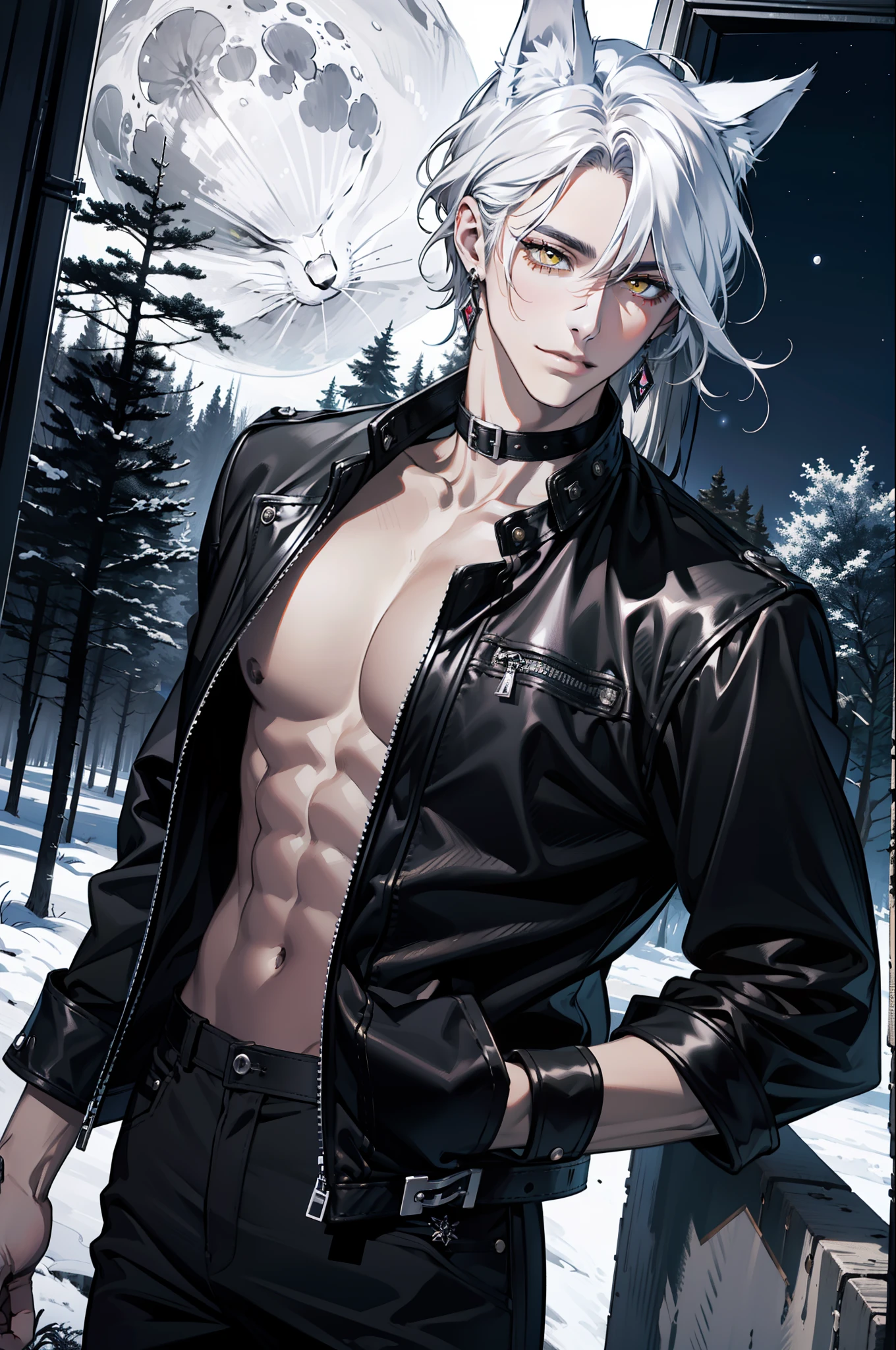 (absurdres, highres, ultra detailed), 1man, adult, handsome, tall,, finely detailed eyes and detailed face, black leather pants, no shirt, open chest, night, smile, dutch angle, ((long white hair)), (((wolf ears))), wolf white tail, moon, forest, black horns in his head, silver details, earrings, black chocker, gothic, dark, black simple dress, looking at the view, pale skin, yellow detailed eyes, eyeliner, dog collar, (((open chest))), leather jacket