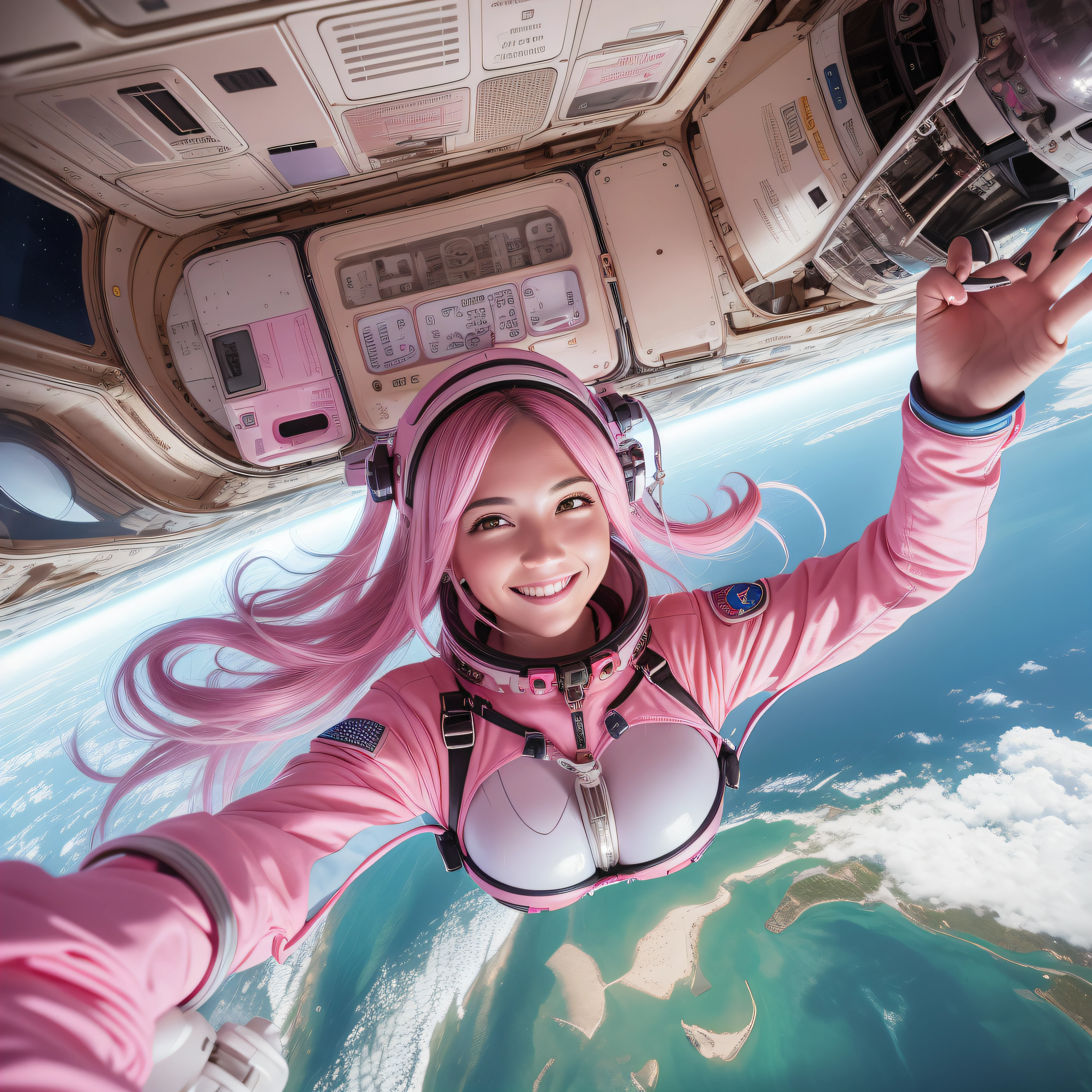 1 woman wearing pink suit, wearing oxygen mask, floating in space, smile on face, flying in space with open arms, large breasts, planet earth in the background.
