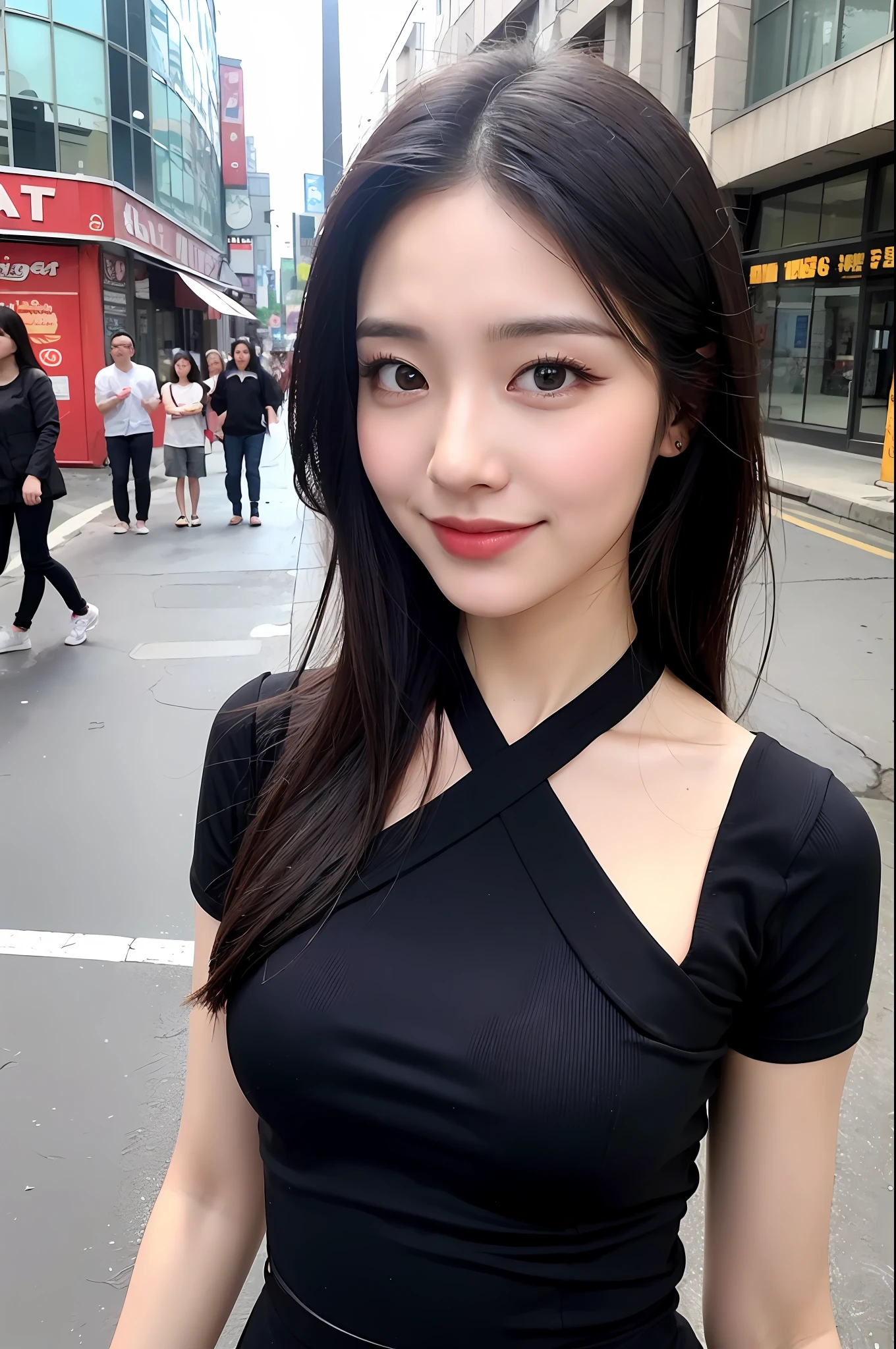 ((Top Quality, 8k, Masterpiece: 1.3)), 1 Girl, Smile, Slim Face, Pretty Woman, (Black Hair), Full Length Dress: 1.1, Ultra Detailed Face, Detailed Eyes, Double Eyelids, Blurred Background, Slim Face, City, Outside, Street, Korean Woman