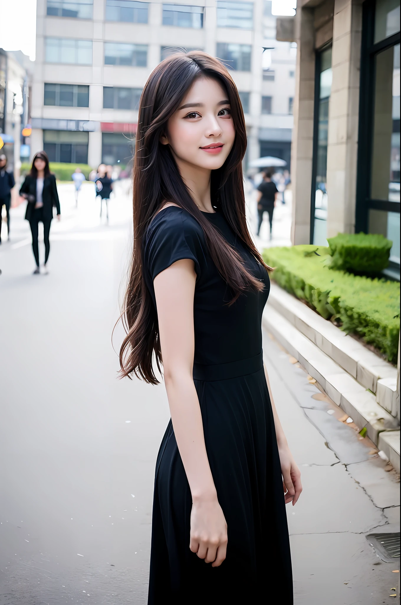 ((Top Quality, 8k, Masterpiece: 1.3)), 1 Girl, Smile, Slim Face, Pretty Woman, (Black Hair), Full Length Dress: 1.1, Ultra Detailed Face, Detailed Eyes, Double Eyelids, Blurred Background, Slim Face, City, Outside, Street, Korean Woman