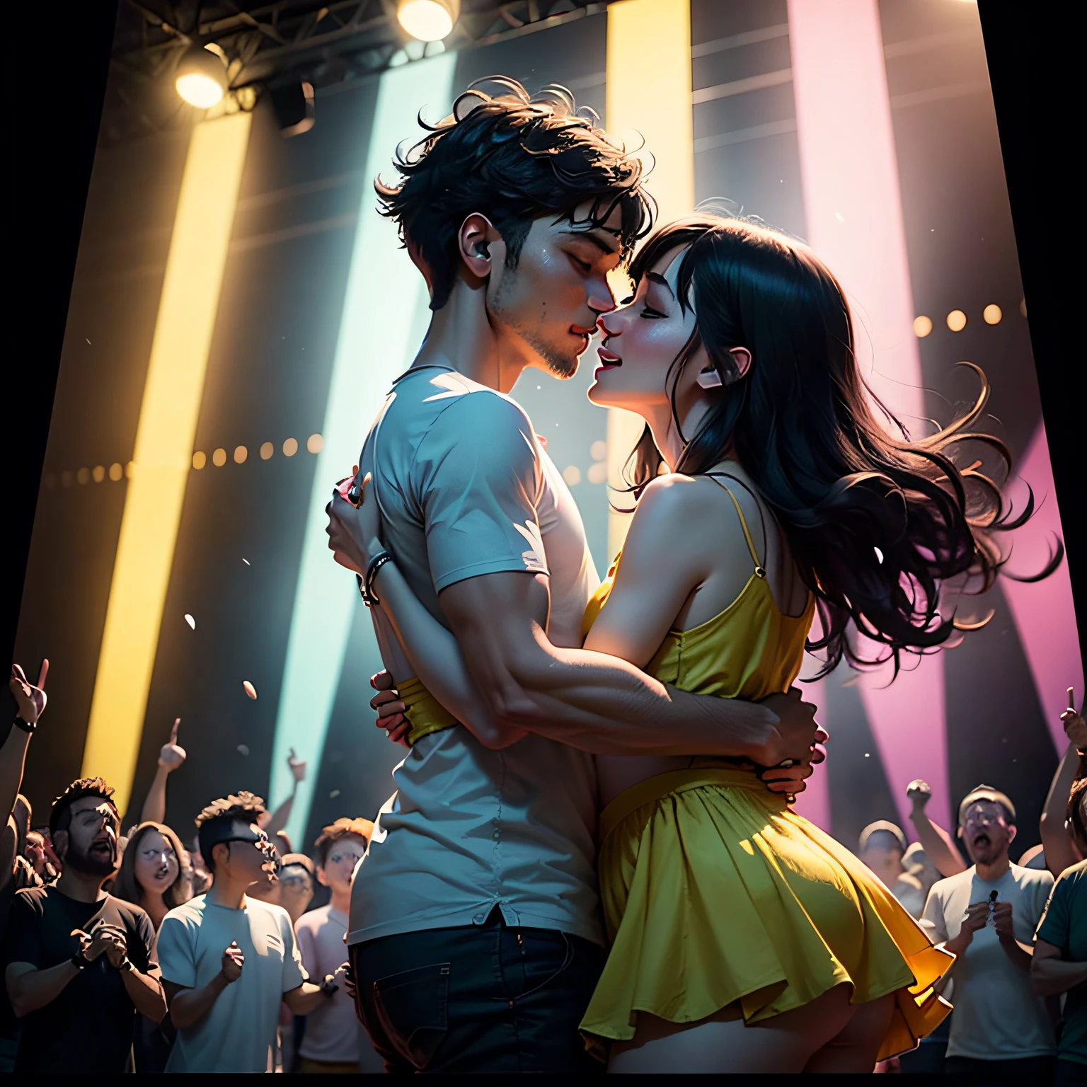 a watercolor painting of "Euphoria EDM" reminiscent of Claude Monet's impressionistic style. Soft brushstrokes create a lively scene of people dancing amidst a flurry of colorful lights and music. The color temperature is warm, with a mix of vibrant and muted tones. The lighting reflects off the watercolor textures, adding a dynamic quality. The atmosphere is joyful and vibrant, capturing the essence of the EDM experience. --v 5 --stylize 1000 --auto