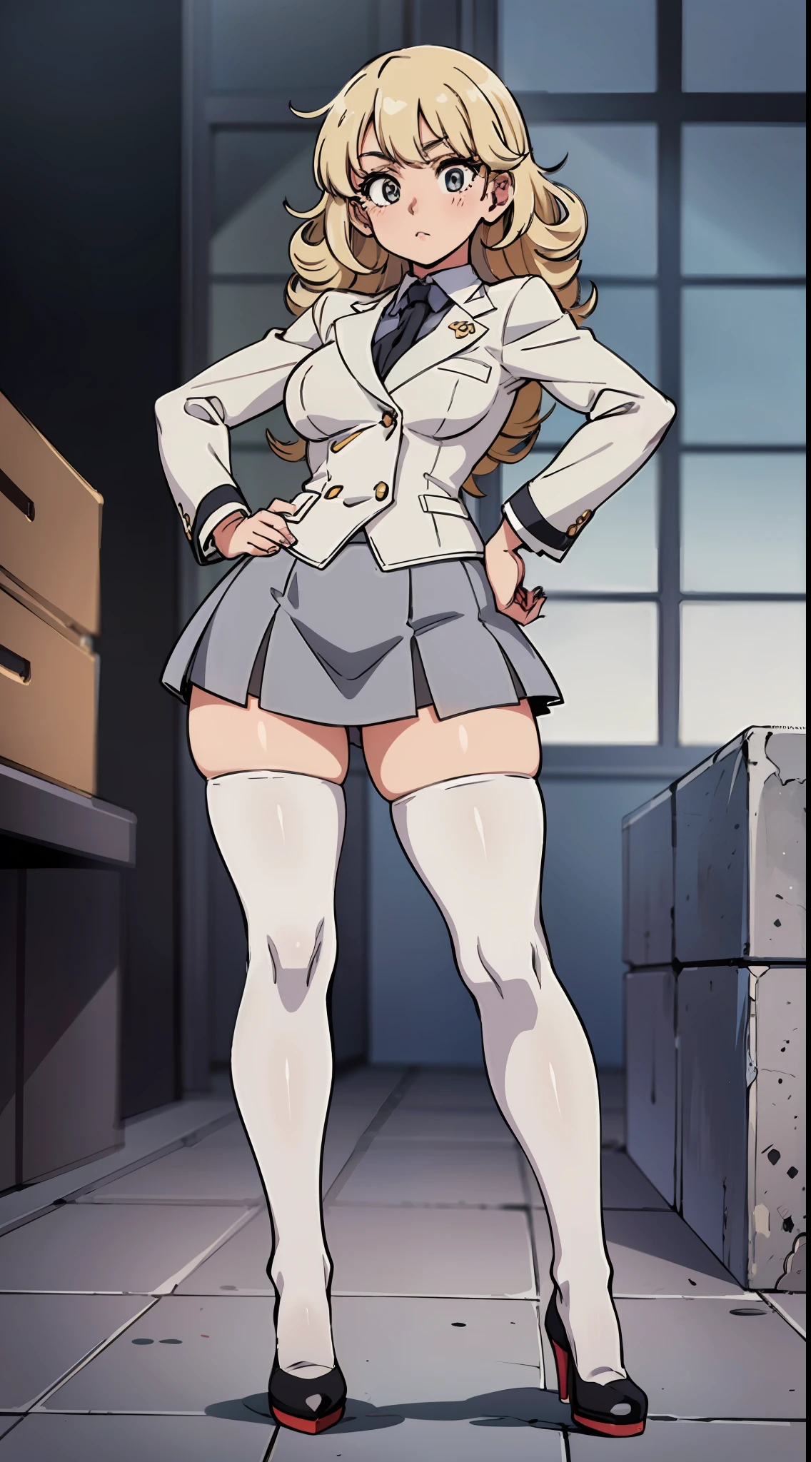 an anime style picture of the girl in the short skirt and white thigh high socks and high heels, 1girl, hazel eyes, blonde curly hair, solo, gray blazer, gray skirt, white thigh high socks, black high heels, uniform, highly detailed face, perfect feet, portrait, full body