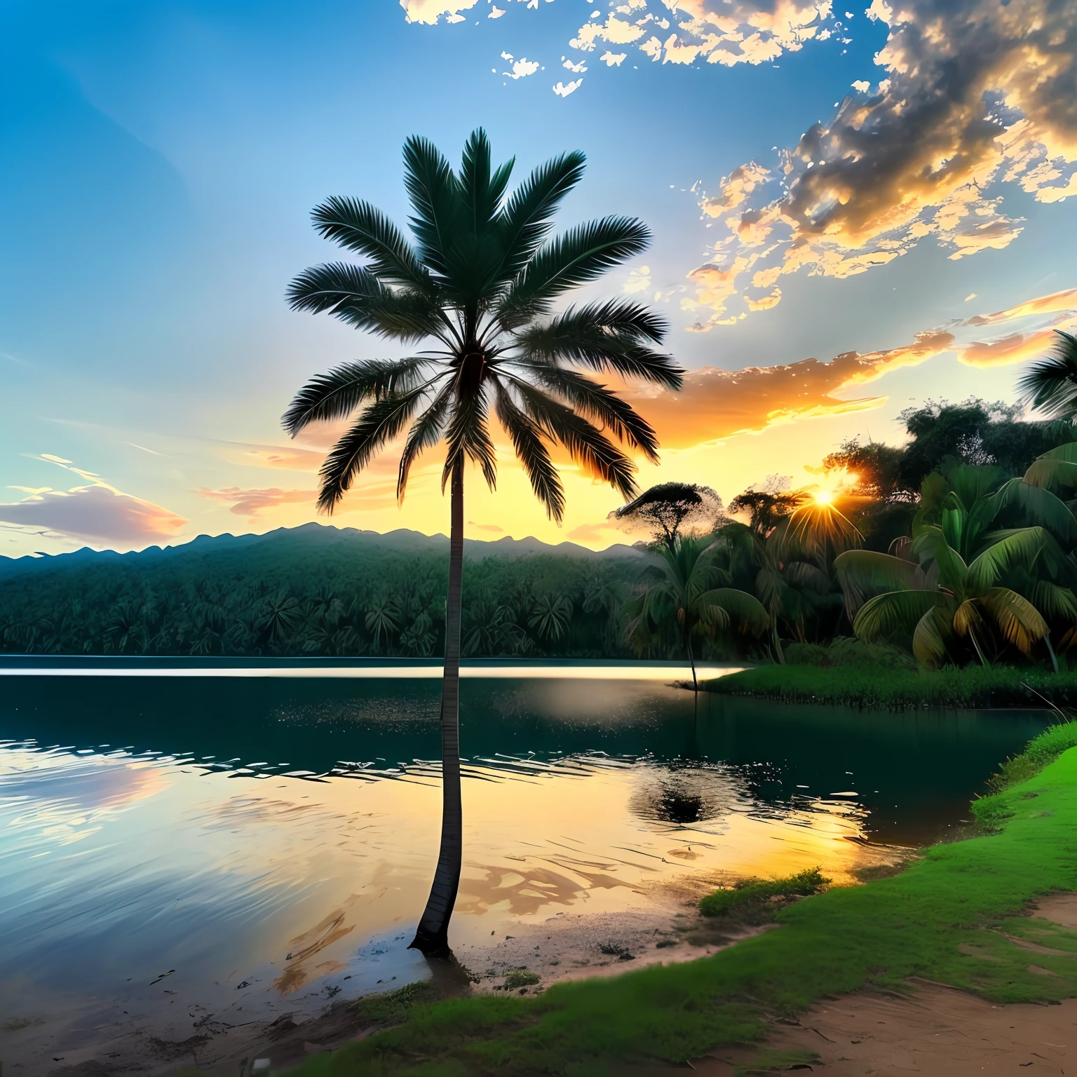 nature, outdoors, no humans, lake, palm tree, cloud, bug, butterfly, evening, water, sun, sky, tropical, sunset, tree, scenery, --auto