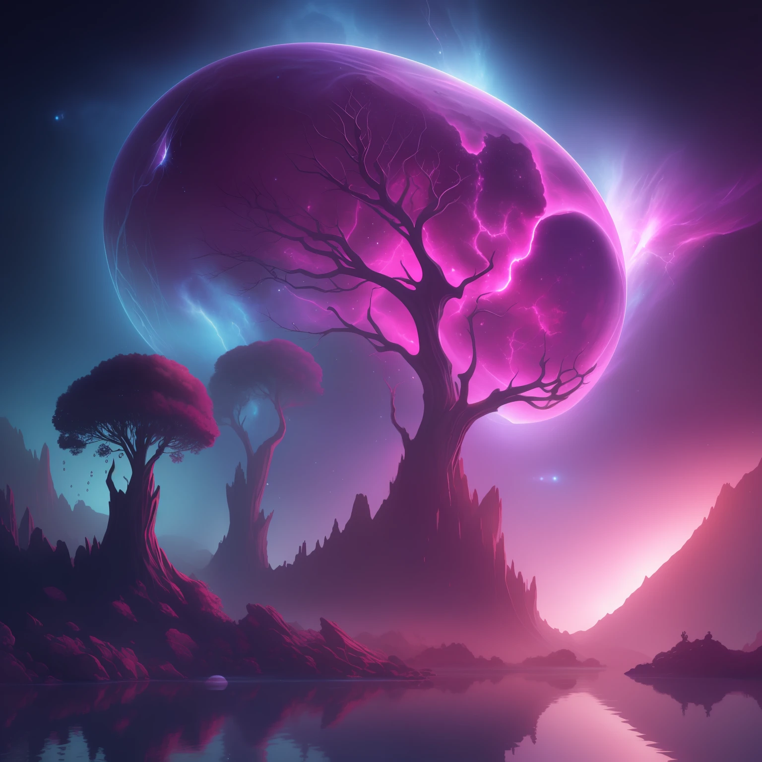 luminism, surrealism cinematic, ultra highly detailed, alien landscape, strange trees, tree branches, pink sparkling water, water drops, bubbles, cute flying ghosts, otherworldly, sci-fi, wonderland, mystical, creepy, scary, fantasy, space, nebula, planets, moon, luminous pink stars, sparks, emitting diodes, complex background, dynamic lighting, lights, digital painting, intricated pose, highly detailed