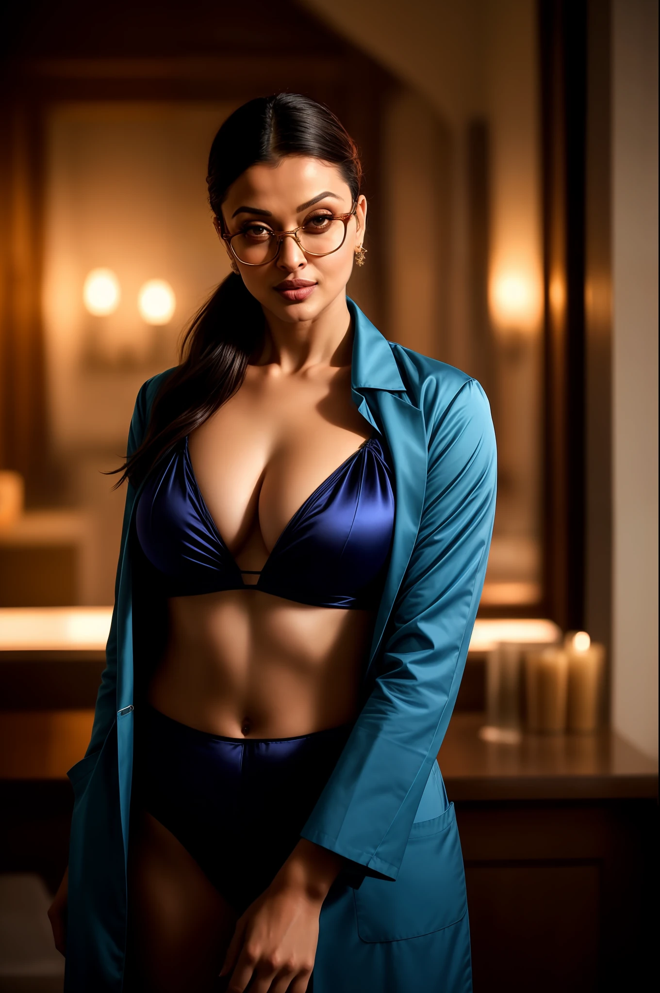 Aishwarya rai as doctor, red satin suit with white shirt, high boots, massive cleavage, open shirt, unbuttoned shirt, glasses, high ponytail, posing in terrace, day scene, breasts visible show, 90% breasts popping out, hourglass figure, massive breasts, nipple slip, fit, seductive face, look at camera and laugh, erotic adult face, 40 yo, soft volumetric lights, intricate details, (ArtStation:1.2)