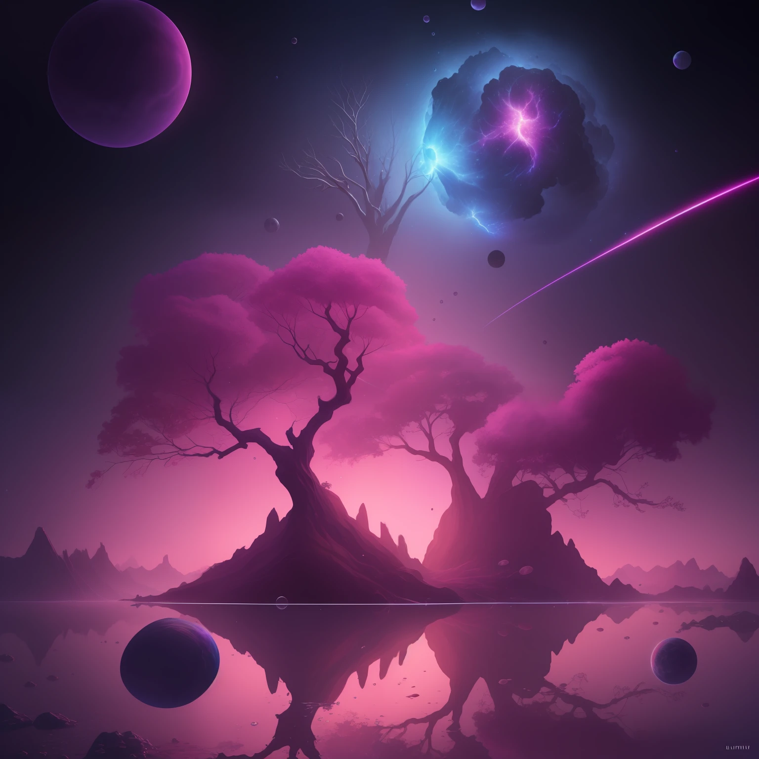 luminism, surrealism cinematic, ultra highly detailed, alien landscape, strange trees, tree branches, pink sparkling water, water drops, bubbles, cute flying ghosts, otherworldly, sci-fi, wonderland, mystical, creepy, scary, fantasy, space, nebula, planets, moon, luminous pink stars, sparks, emitting diodes, complex background, dynamic lighting, lights, digital painting, intricated pose, highly detailed