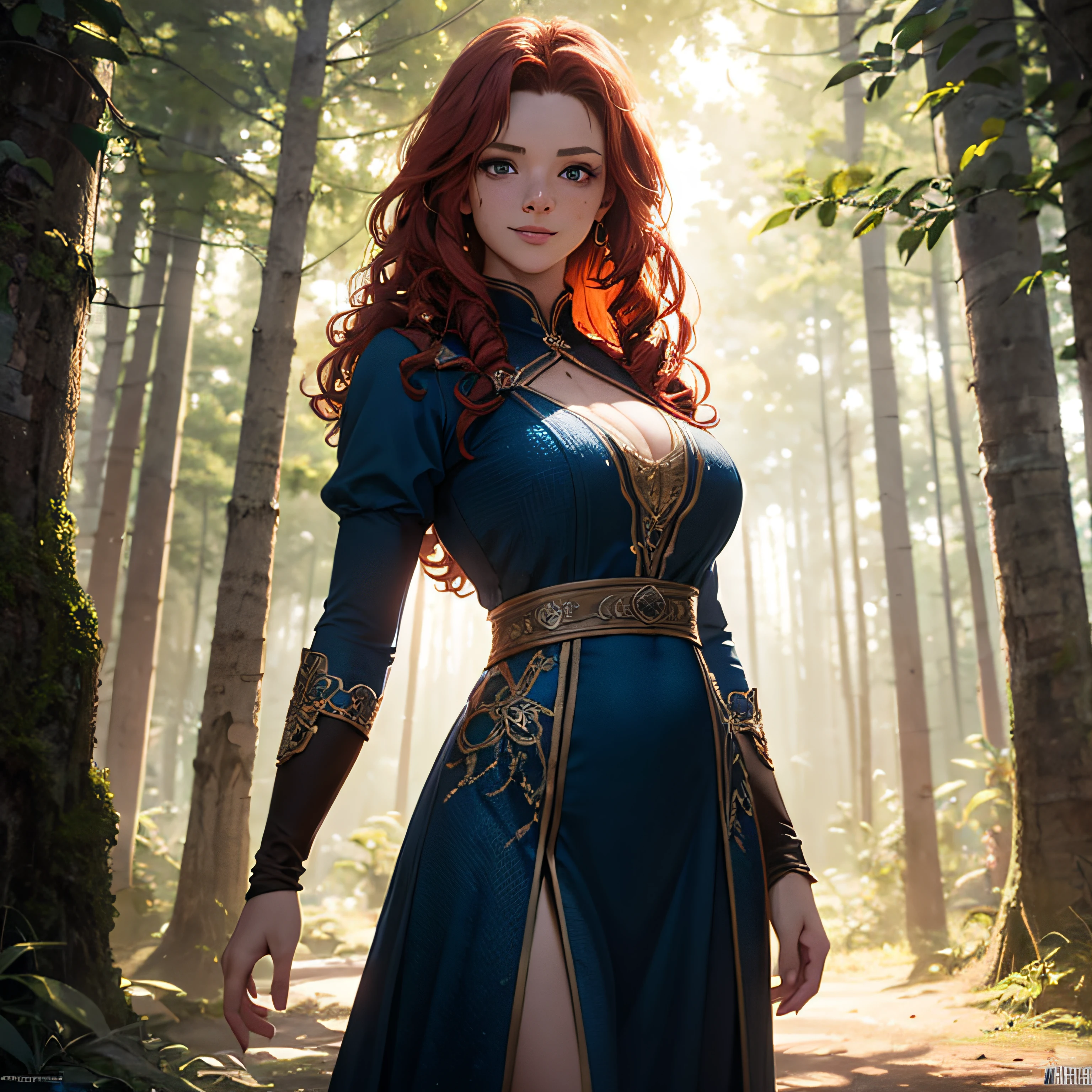 I gril, Brave Character, Merida, realistic, human, very realistic, white skin, blue eyes, ?????????????, freckles on the face, smile, closed boca_, looking at the viewer, long curly full red hair, blue long dress, crude sleeves, large descotes, confident posture, standing, about 1.70 in height, illuminated environment, natural light, volumetric lighting, best quality, intricate details,  tone mapping, sharp focus, hyper detailed, trend in Artstation, Natural environment, Forest --auto