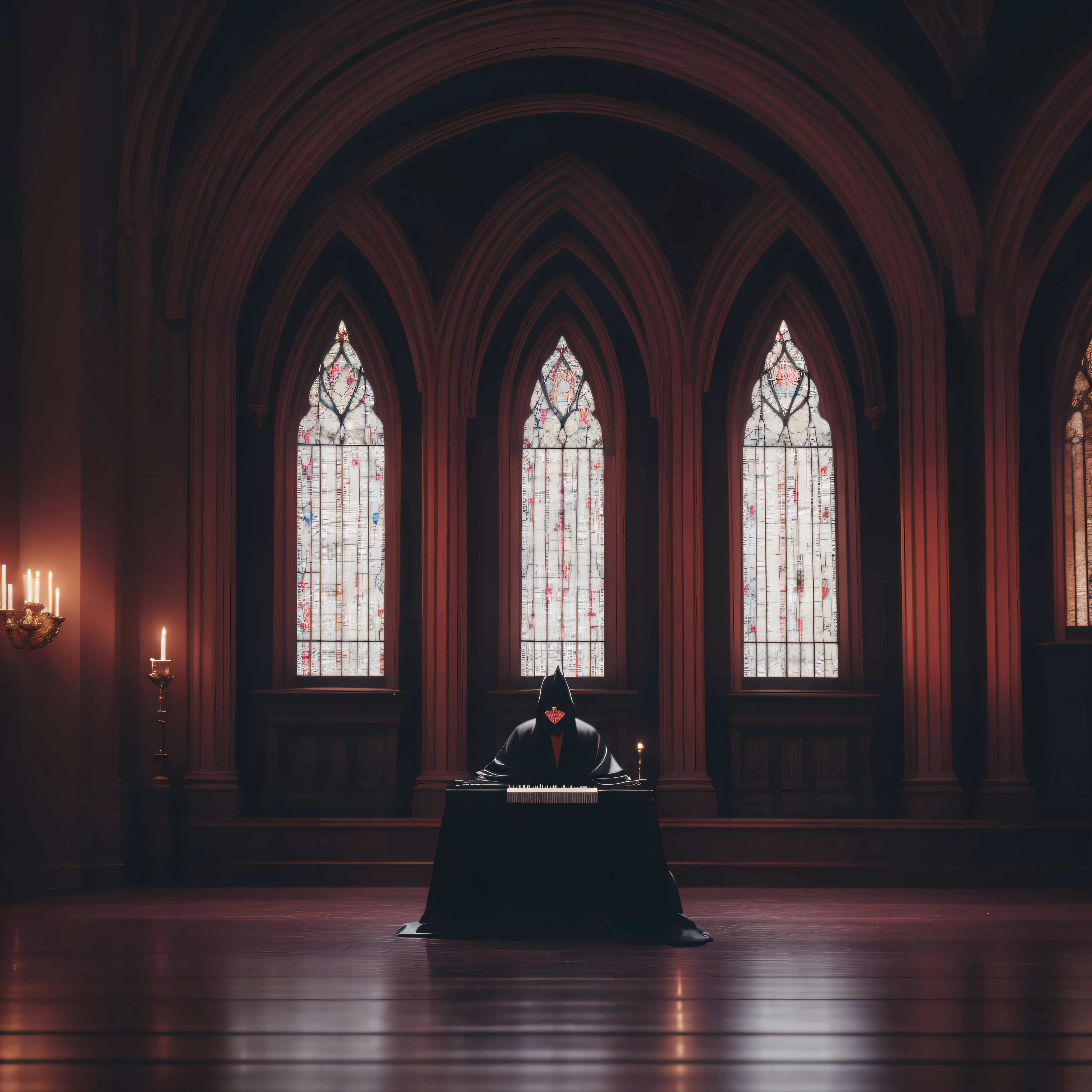 Demonic figure, sitting on his back on a bench, wearing a black robe and a black hood, red body, playing an organ piano in a large castle hall of rainy night.