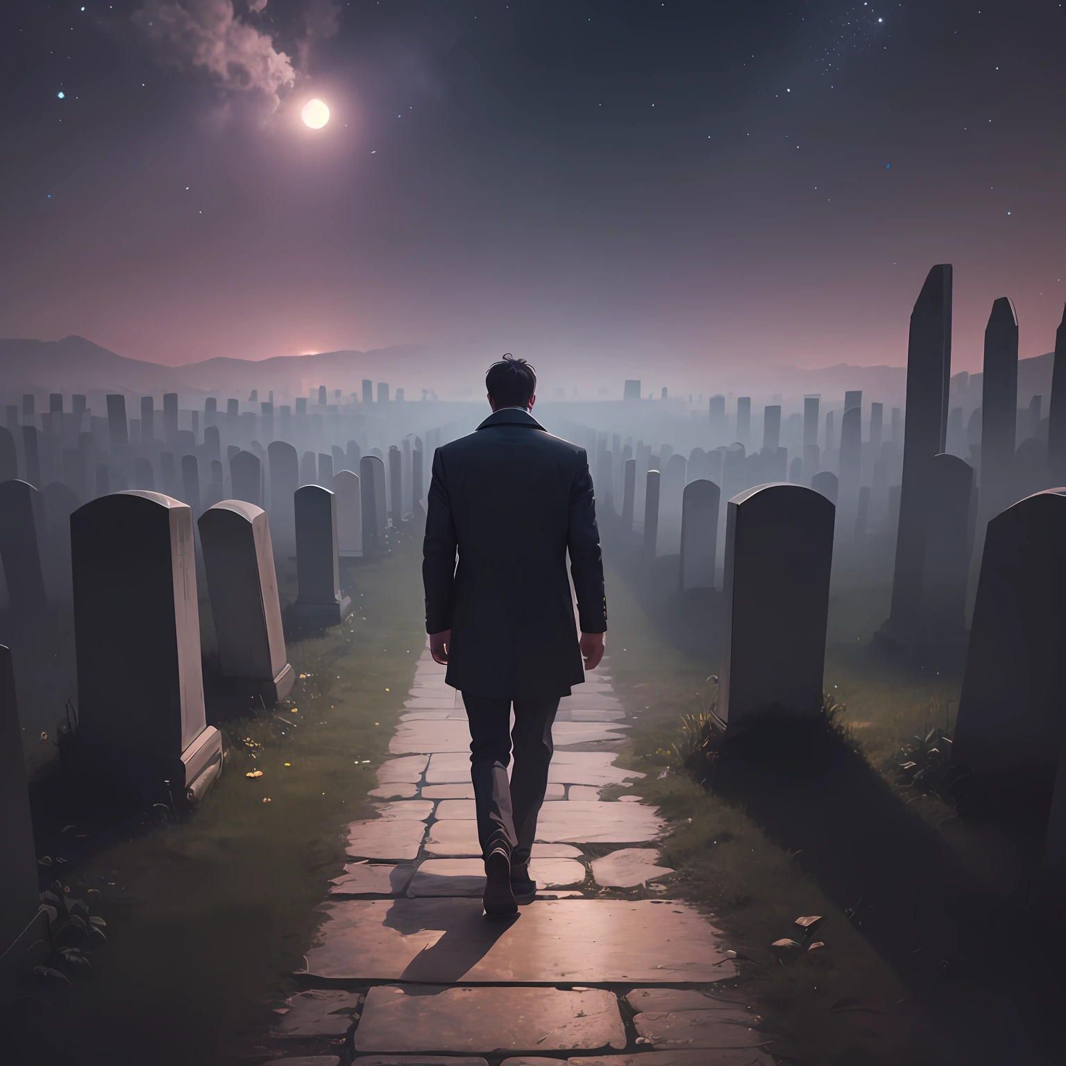 A man walking in the cemetery at night. treading as if he had an abyss