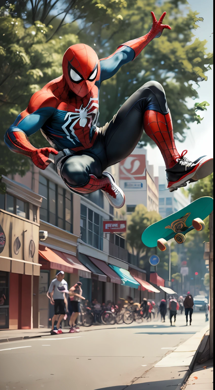 extreme sports, dynamic action, Spider-Man in full costume, skateboarding, skateboard tricks, kick flip, street style