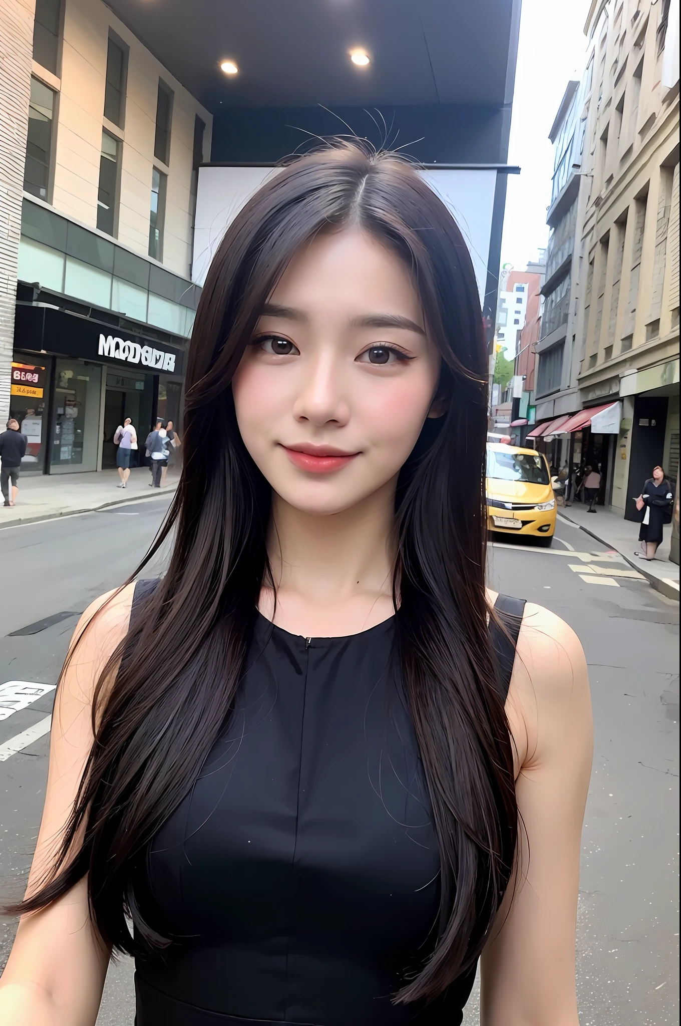 ((Top Quality, 8k, Masterpiece: 1.3)), 1 Girl, Smile, Slim Face, Pretty Woman, (Black Hair), Full Length Dress: 1.1, Ultra Detailed Face, Detailed Eyes, Double Eyelids, Blurred Background, Slim Face, City, Outside, Street, Korean Woman