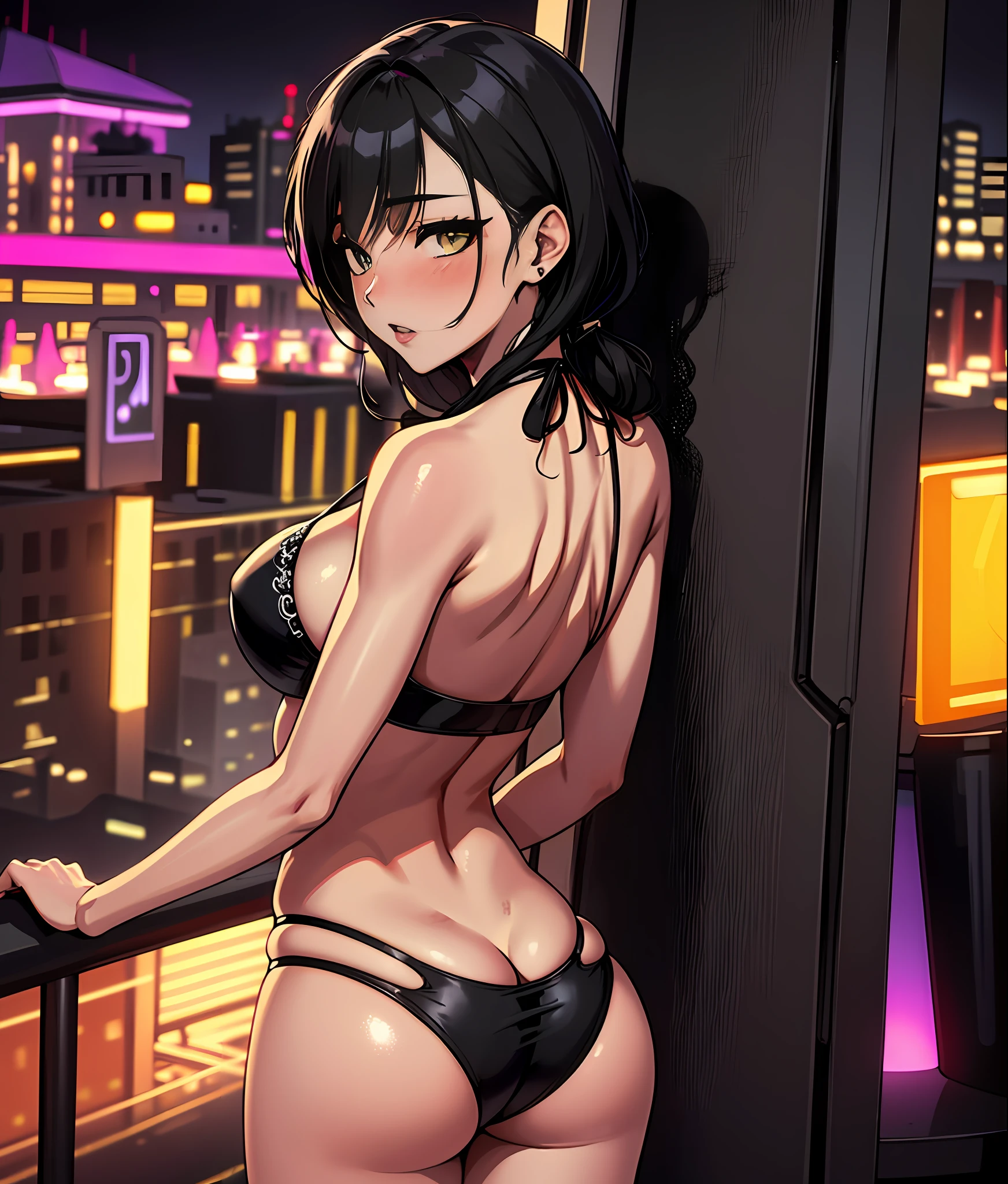 big thighs, skinny girl,, big butt, big tits, (mature woman:1.2), solo, long black hair, blush, (with a nightclub in the background:1.2), ((masterpiece)), (high quality), (best quality), (detailed), hd, perfect lighting, detailed face, detailed body, full body, brazilian bikini