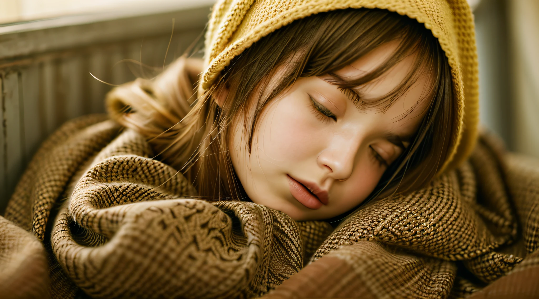 BLONDE CHILD GIRL WITH LONG HAIR WEARING A SCARF AND A HAT, SLEEPY FASHION MODEL FACE, SLEEPY, SLEEPY EXPRESSION, Marisa Kirisame, wearing cute yellow scarf, prettier, sleeping, sick with a cold, Lalisa Manobal, Misa Amane*, very tired woman, sleeping, Takeyuki Kanda, Lalisa Manoban of blackpink