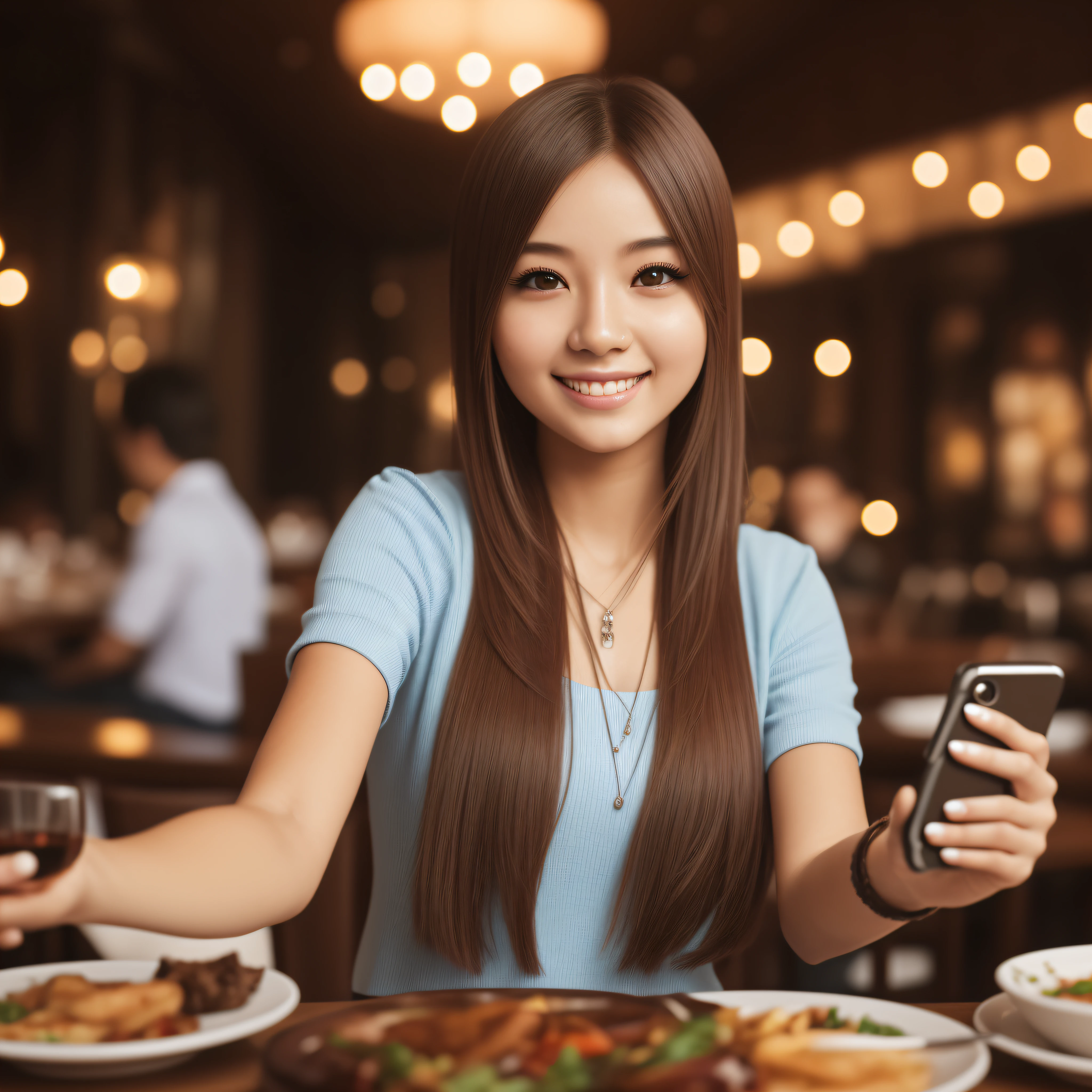 there is a woman that is taking a selfie in a restaurant, with cute - fine - face, 18 years old, with accurate face, selfie of a young woman, innocent look, cute photo, selfie photo, 8k selfie photograph, portait photo profile picture, with a pouting smile, lovingly looking at camera, candid picture, candid photo, non blurry, HDR, depth of field, high detail, Futurism, modern, anime, depth of field, cinematic lighting, UHD, textured skin, super detail, 8k, award winning --auto