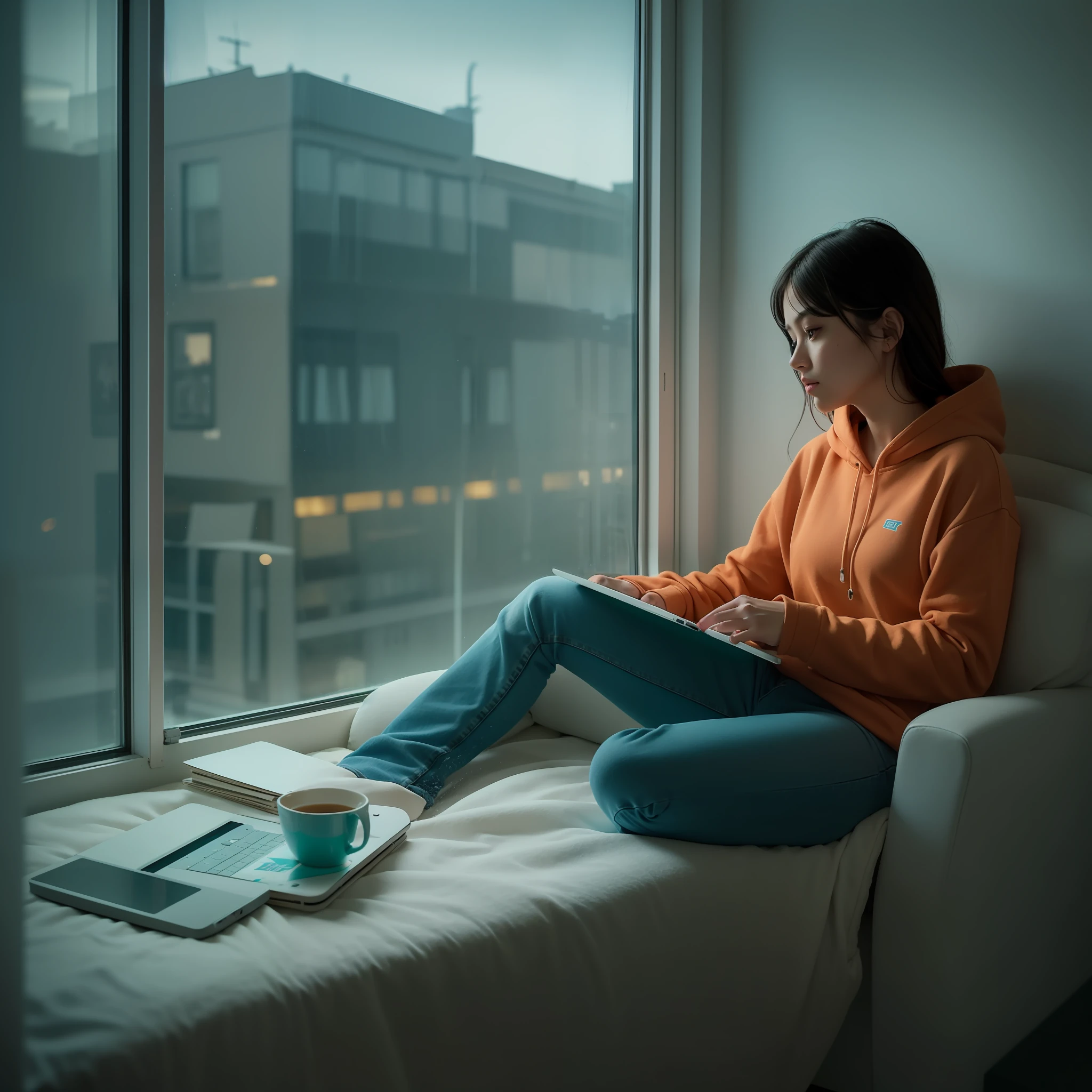 Girl dressed in jeans and a sweatshirt inside her room, sitting in a comfortable armchair with a cup of tea, looking out the window, raining outside. City with neon color. Inside the room a messy bed, a laptop on the table, smooth, cinematic, color correction, teal and orange look