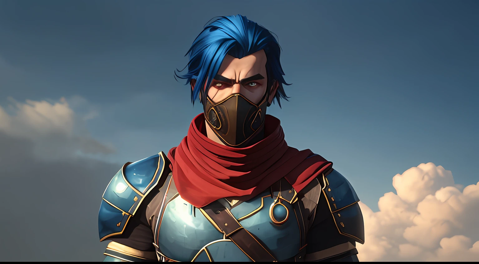 Male, slender, dressed in a gray outfit, with rolled cuffs and a water-attribute god's eye buckled on his belt. He wears a metal shoulder armor on his left shoulder, and a scarf streamer that is fixed on his chest is thrown back from his left shoulder. The red mask containing the evil eye is worn diagonally on the short blue hair, and the eyes are blue like his divine eye