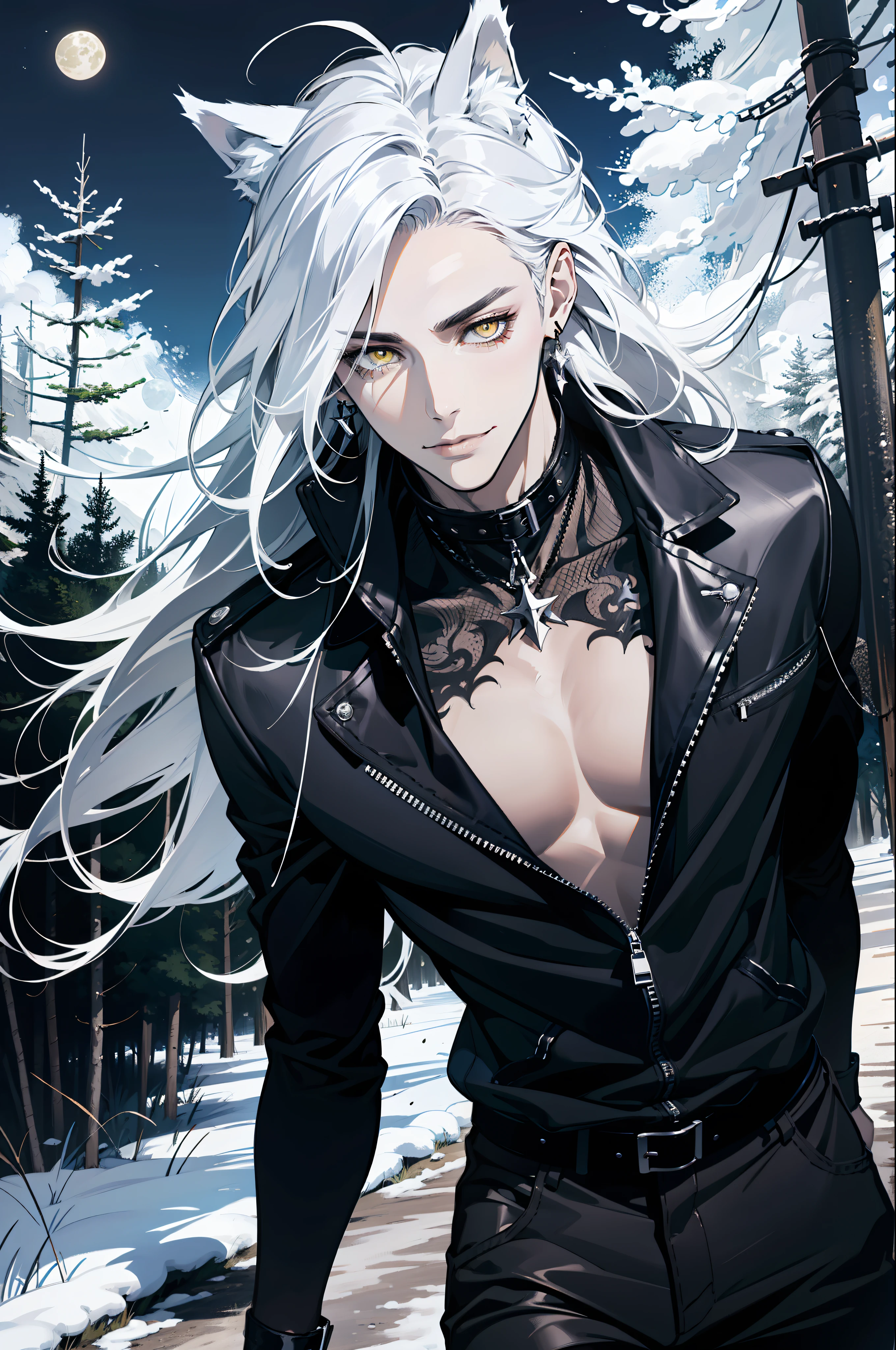 (absurdres, highres, ultra detailed), 1man, adult, handsome, tall,, finely detailed eyes and detailed face, black leather pants, no shirt, open chest, night, smile, dutch angle, ((very long hair, white hair)), (((wolf ears))), wolf white tail, moon, forest, black horns in his head, silver details, earrings, black chocker, gothic, dark, black simple dress, looking at the view, pale skin, yellow detailed eyes, eyeliner, dog collar, (((open chest))), leather jacket