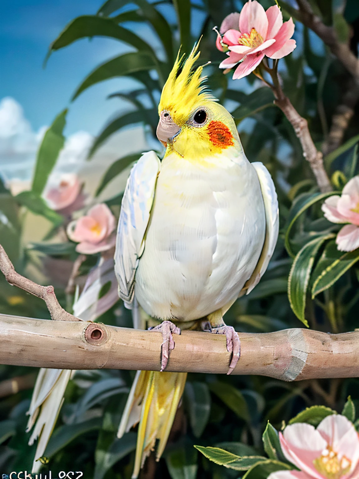 (masterpiece), extremely intricate, illustration, colorful, best quality, 8K, HDR, best composition, sharp focus, dramatic, award-winning, cinematic lighting, cockatiel Lutino, ((chibi, fat)), with open beak,on branch, flower, surrounded by ((pink flowers)), garden, sky, outdoor