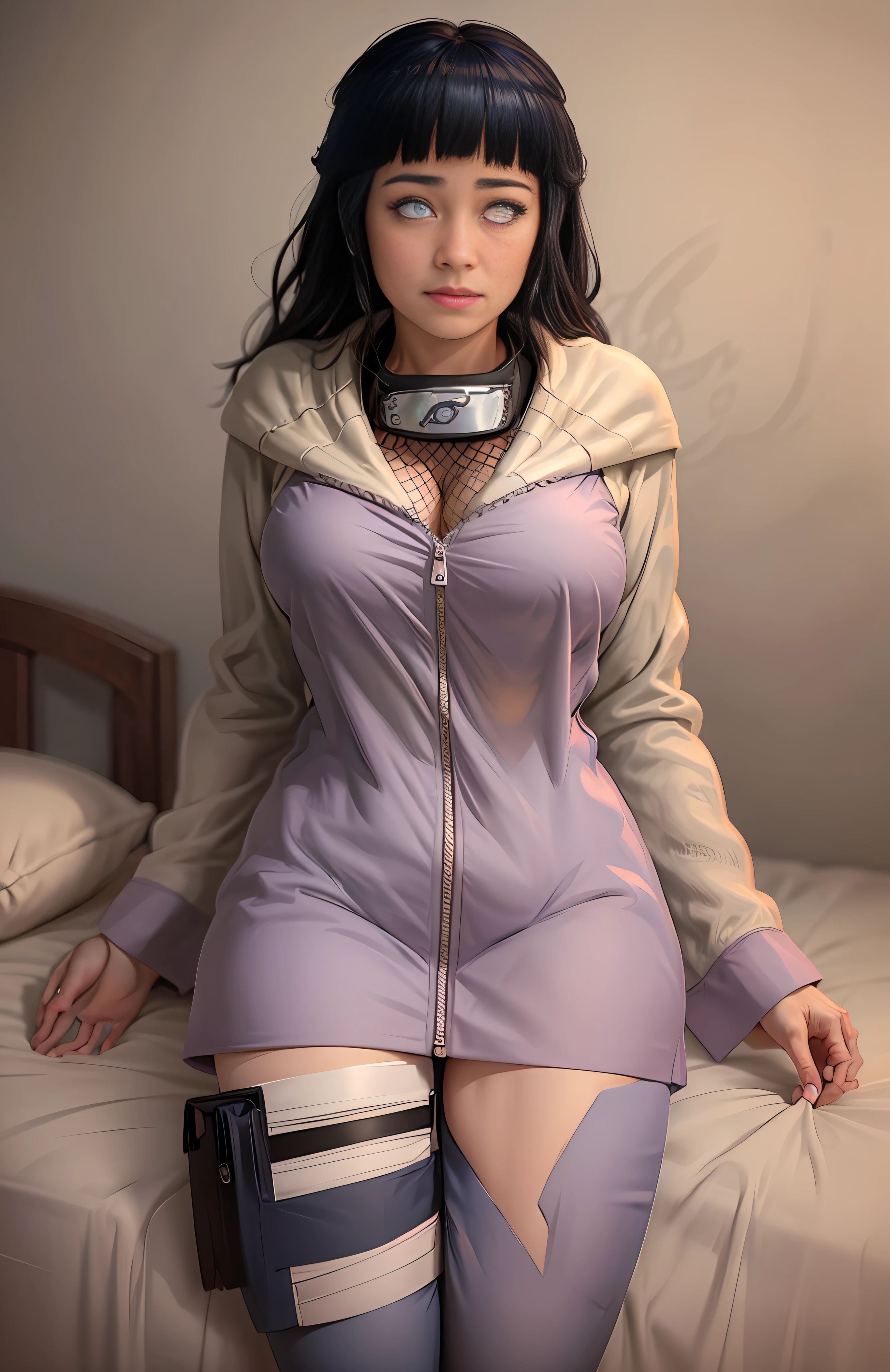 Unbeatable masterpiece, ultra-realistic 8k CG, perfect artwork, super detailed, masterpiece, highest quality, high resolution, detail maniac, high definition, high quality, detailed face, detailed body limbs, 1girl, solo, Hinata Hinata, Hinata sleeveless clothing, women's bed, sleeveless shirt, fishnet garment, dark lips, unzippered jacket, no bra, no panties, exposed breasts, blushing, white tights, transparent clothes, exposed pubic hair, camel toes, jiri-like, extreme breasts, extreme female body, All over the body, the woman lies on the bed, white pupils,