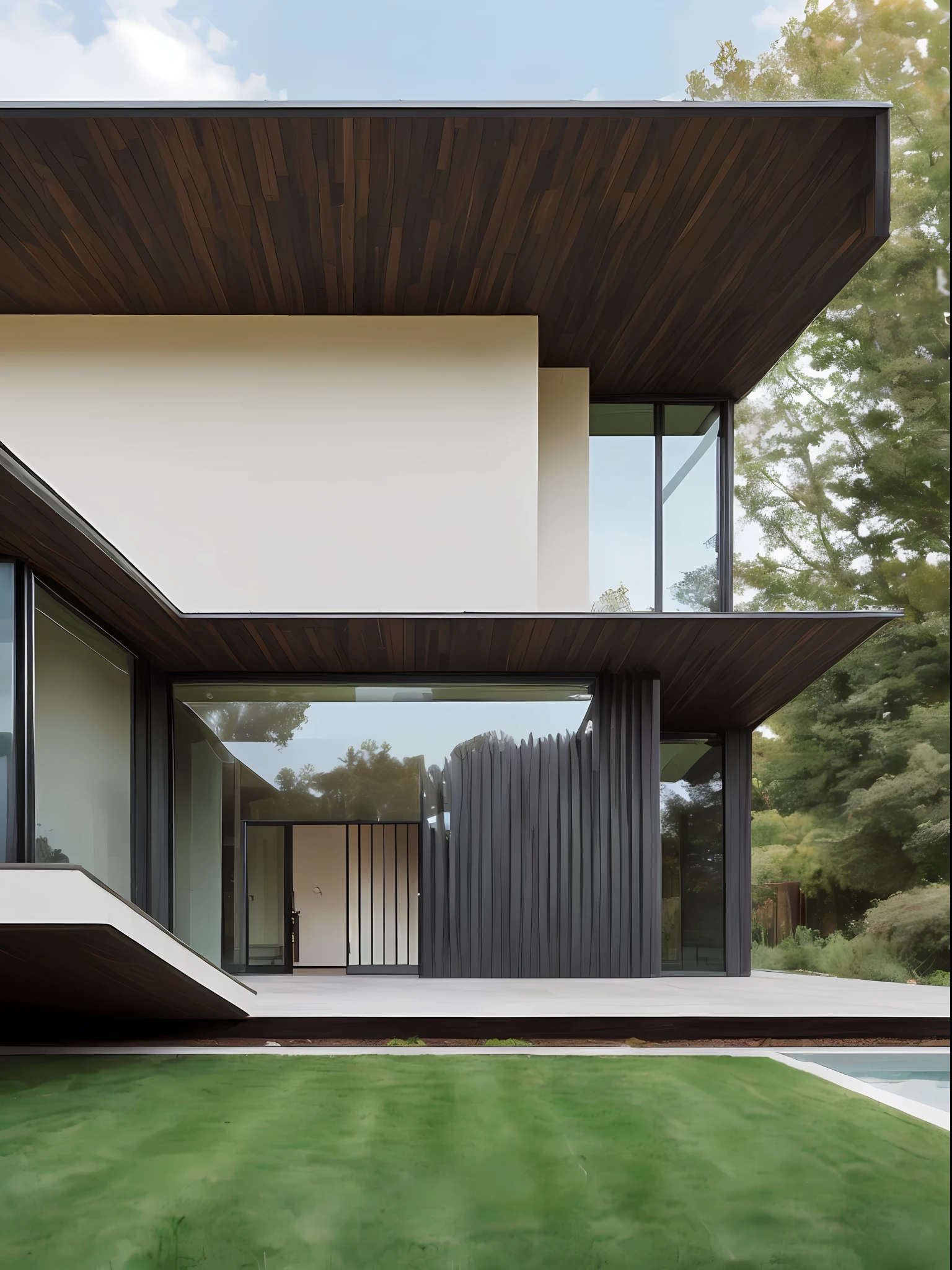 there is a pool and a covered patio with a bench, coper cladding, rammed earth courtyard, open wall architecture, freddy mamani silvestre facade, architectural finishes, front side, metal cladding wall, frontview, front-view, well rendered, frontal picture, exterior view, render to resolute perfection, minimal structure, pavilion, front side view, panels