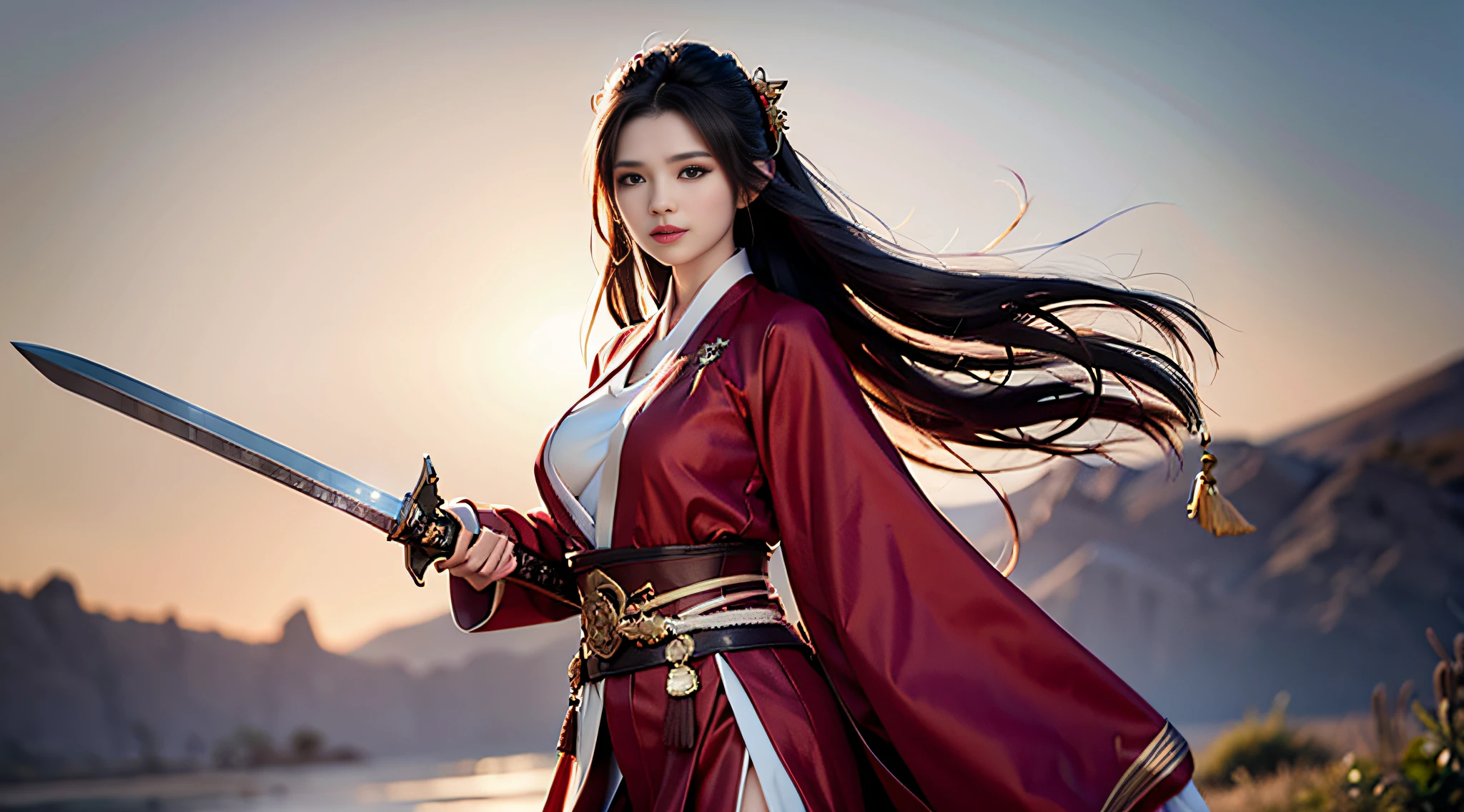 (RAW Photo, Best Quality), (Realistic, Photo Realistic: 1.3), Best Quality, Highly Detailed, Masterpiece, Ultra Detail, Woman in Red Dress, Black Hair, Breeze Blowing Hair, Delicate Face, Perfect Breasts, Bumpy Figure, Flowing Red Robe, Red Hanfu, Holding a Sword in Hand, ((Hand with Sword Raised Flat Pointing Forward)), Seven-point Body, Breeze, Desert, Ultra Wide Angle, Cinematic Light Effects