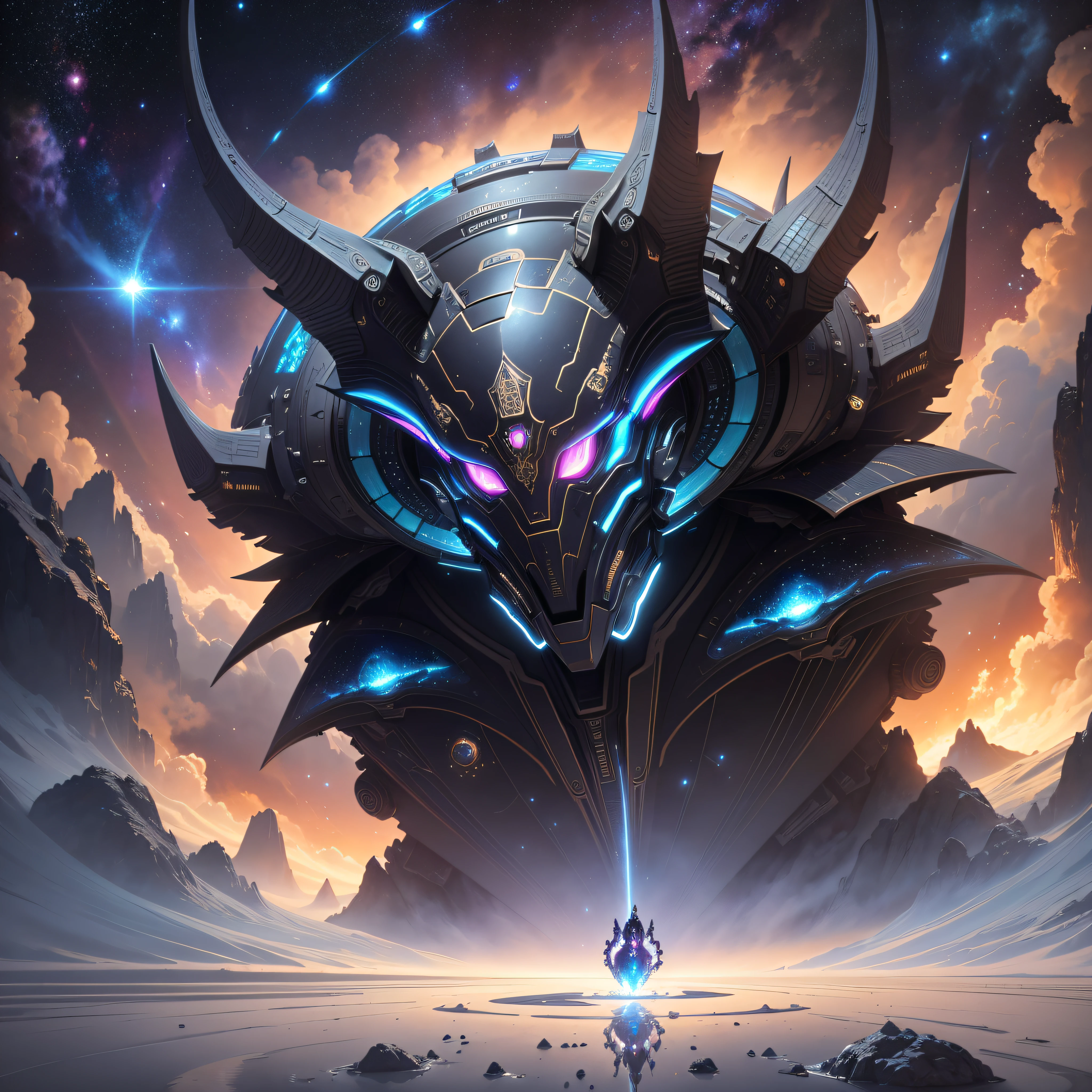 (masterpiece), best quality, ultra-realistic, an incredible and beautiful interpretation of the vastness of space, dynamic angle, high resolution, intricate details of constellations and nebulae, a sense of wonder and wonder, breathtaking lighting and shadow, cosmic dust and gas, deep black void, vibrant colors, stunning visual effects, (1 spaceship), various planets, moons and asteroids, (alien + robot: 1.2) presence, a grand and epic cosmic landscape, cosmic dragon flying. --auto --s2